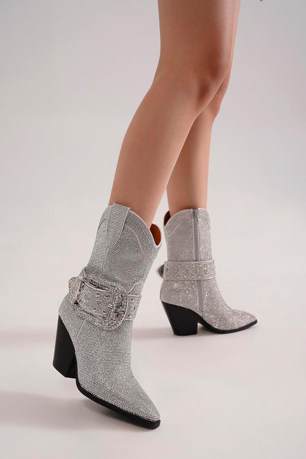 Women's Rhinestone Buckle Boots Ankle Boots Cowboy Boots Stacked Block Heel Boots Cowgirl Boots Pointed Toe Boots