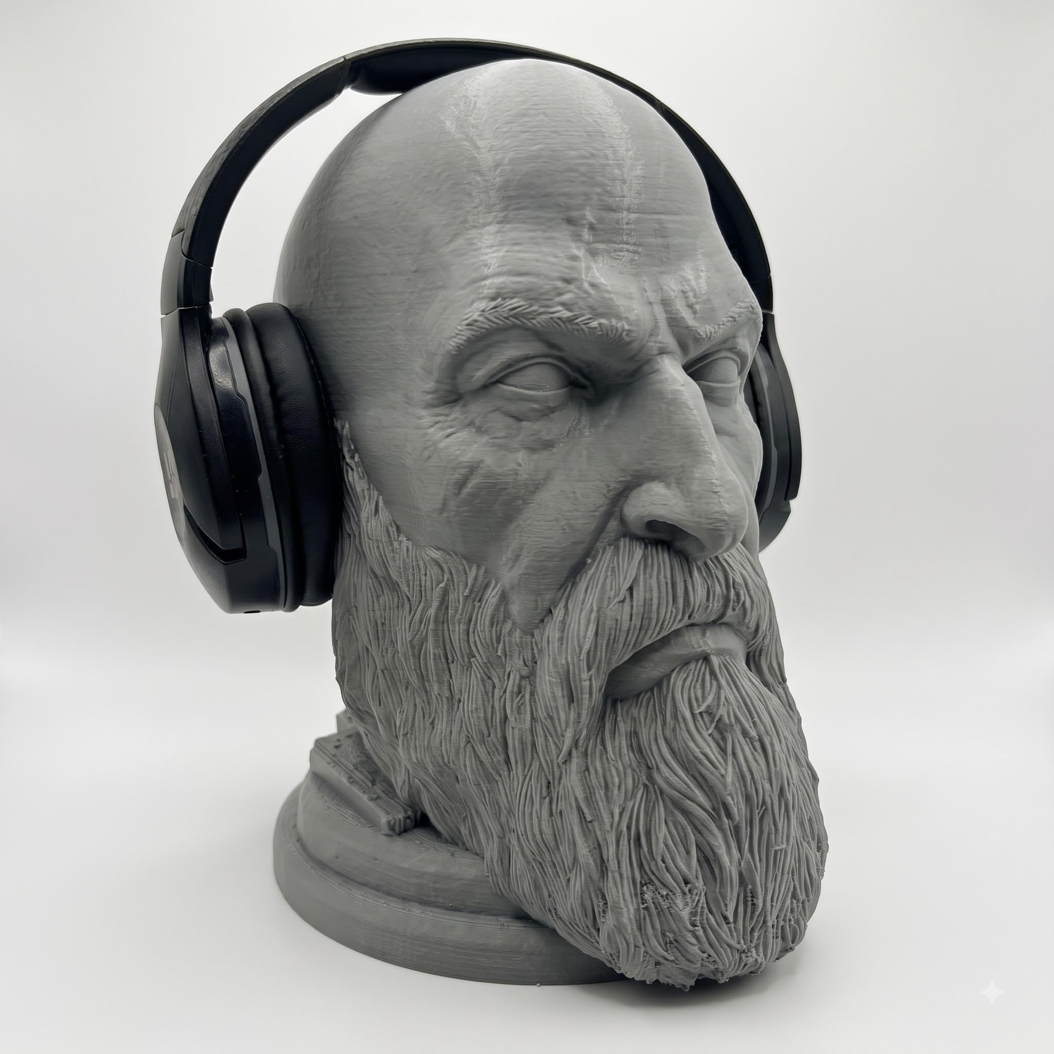 kratos head display & headphone stand | gaming headset holder for desk | mythology inspired gamer room decor | collectible display stand for headphones, gaming setup & desk organization