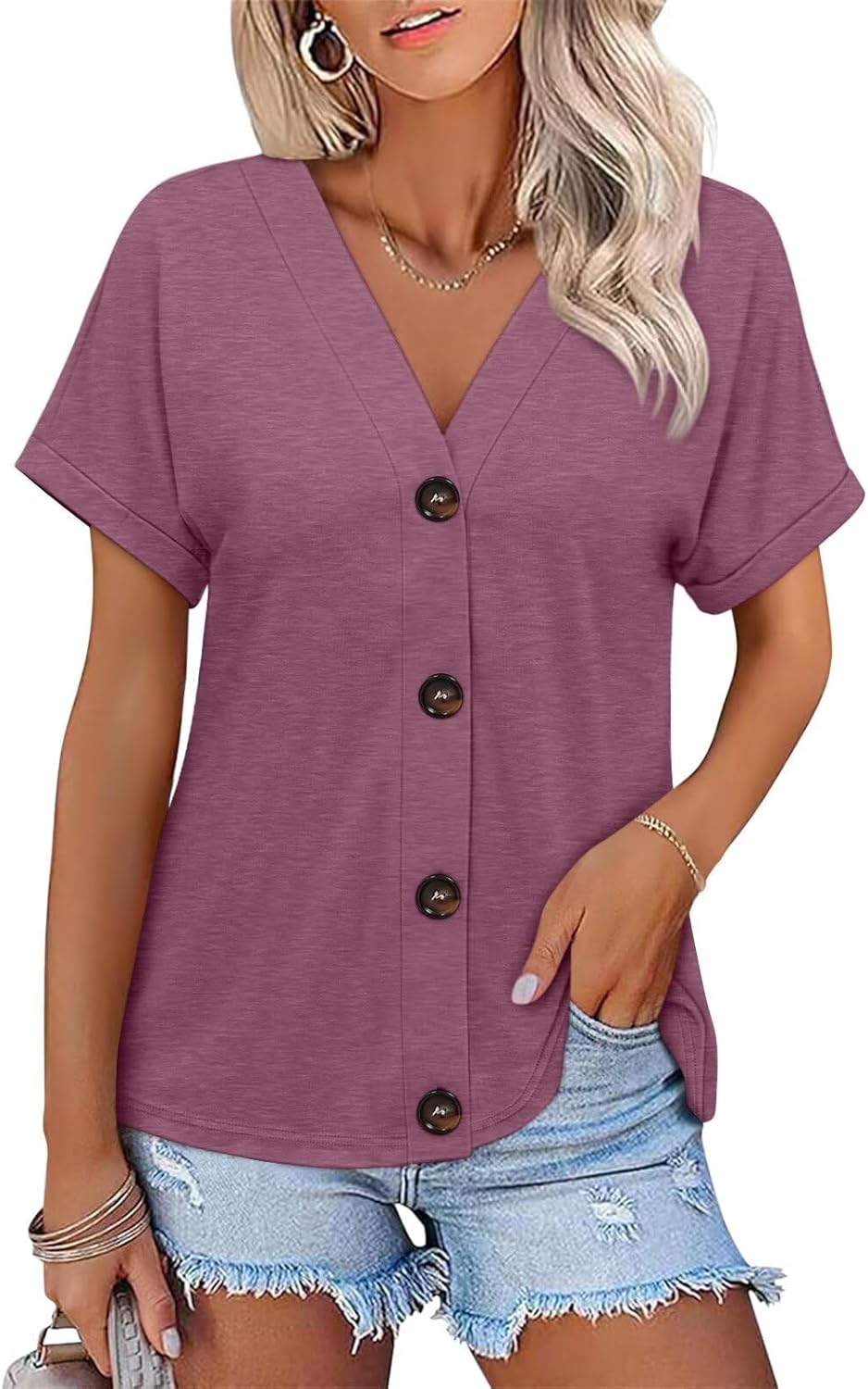 ORANDESIGNE Women's Short Sleeve V Neck Tops Casual Button Down Summer T Shirts Basic Ladies Tees