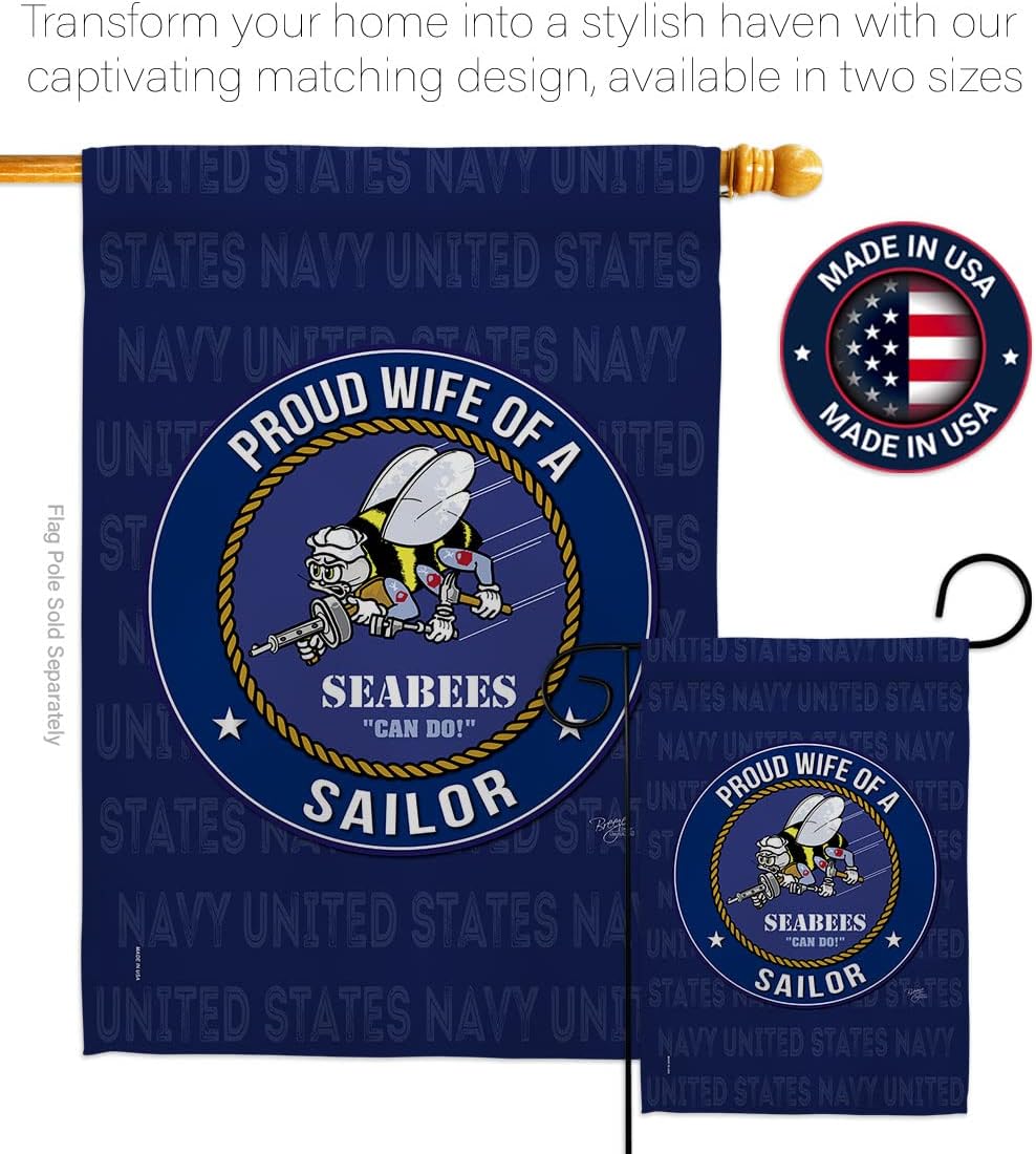 Breeze Decor Proud Wife Sailor Garden Flag Armed Forces Navy USN Seabee United State American Military Veteran Retire Official House Banner Small Yard Gift Double-Sided, Made in USA