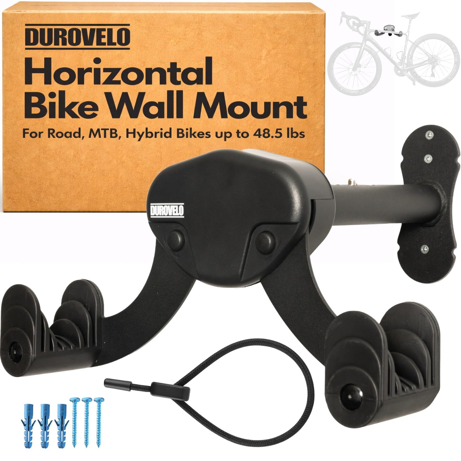 Bike Wall Mount - Horizontal Wall Hanger, Adjustable Design for Road, Mountain and Hybrid Bikes up to 48.5 lbs - Space-Saving Bike Rack for Garage or