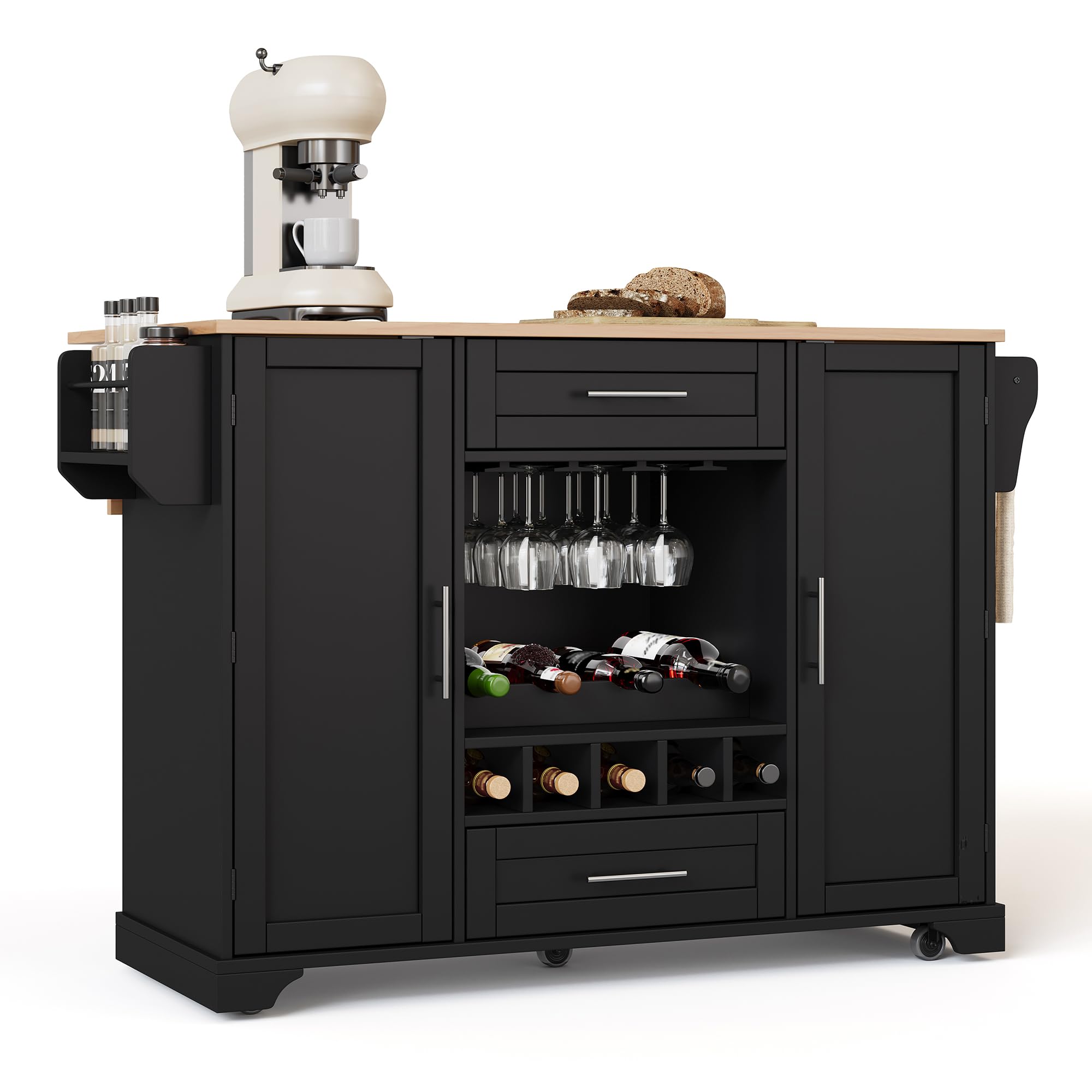Shye Carrello da cucina su ruote con piano di lavoro pieghevole, scaffale per vino, porta bicchieri, portaspezie e portasciugamani, 120 x 45/70 x 92 cm, nero e naturale, carrello da portata