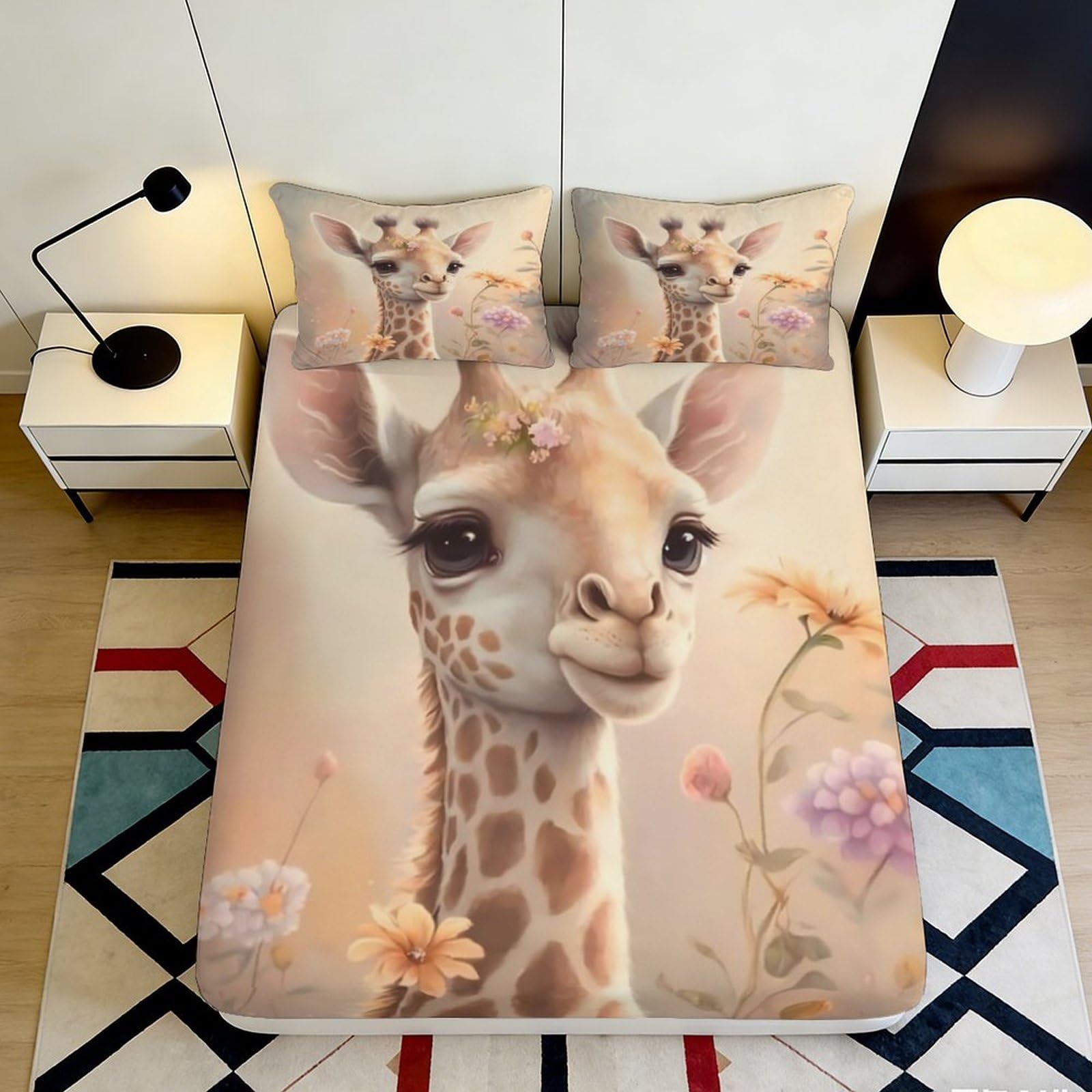 Decorative giraffe fitted sheet for bedroom, 3D printed microfiber, soft touch, wrinkle resistant, guest room bedding, bed cover 90x200x25cm