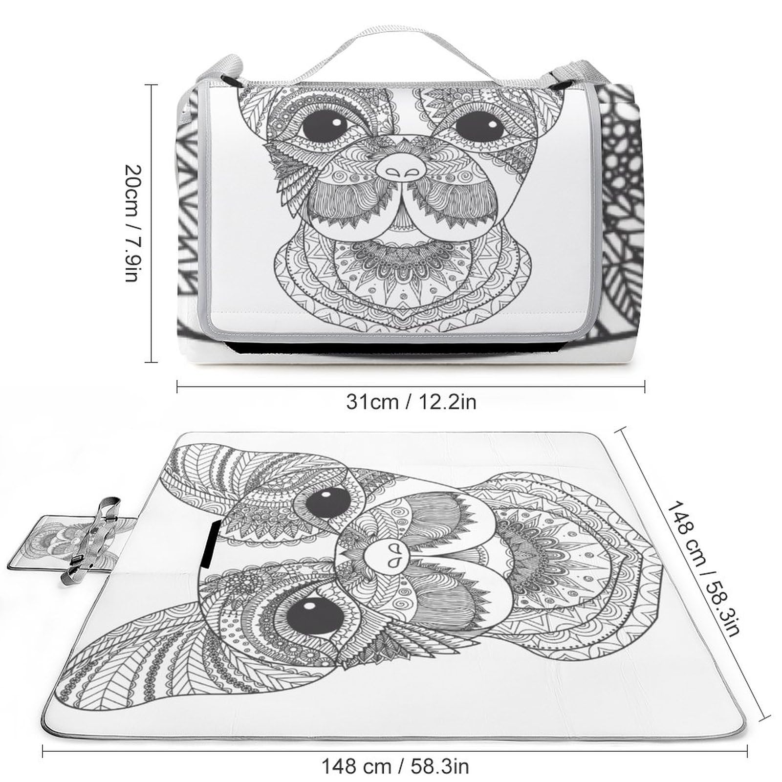 Dog-Head-Print Picnic Blanket Waterproof Foldable, Large Outdoor Picnic Blanket Beach Blankets Camping Blanket Travel Mat, Shoulder Strap Tote, Rectangle 58x58in