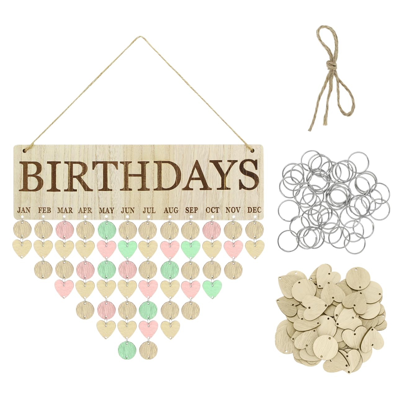 NUOBESTY Family Birthday Calendar, Wooden DIY Hanging Wall Plaque Reminder with 50 Tags for Birthdays, Anniversaries & Special Days Tracking