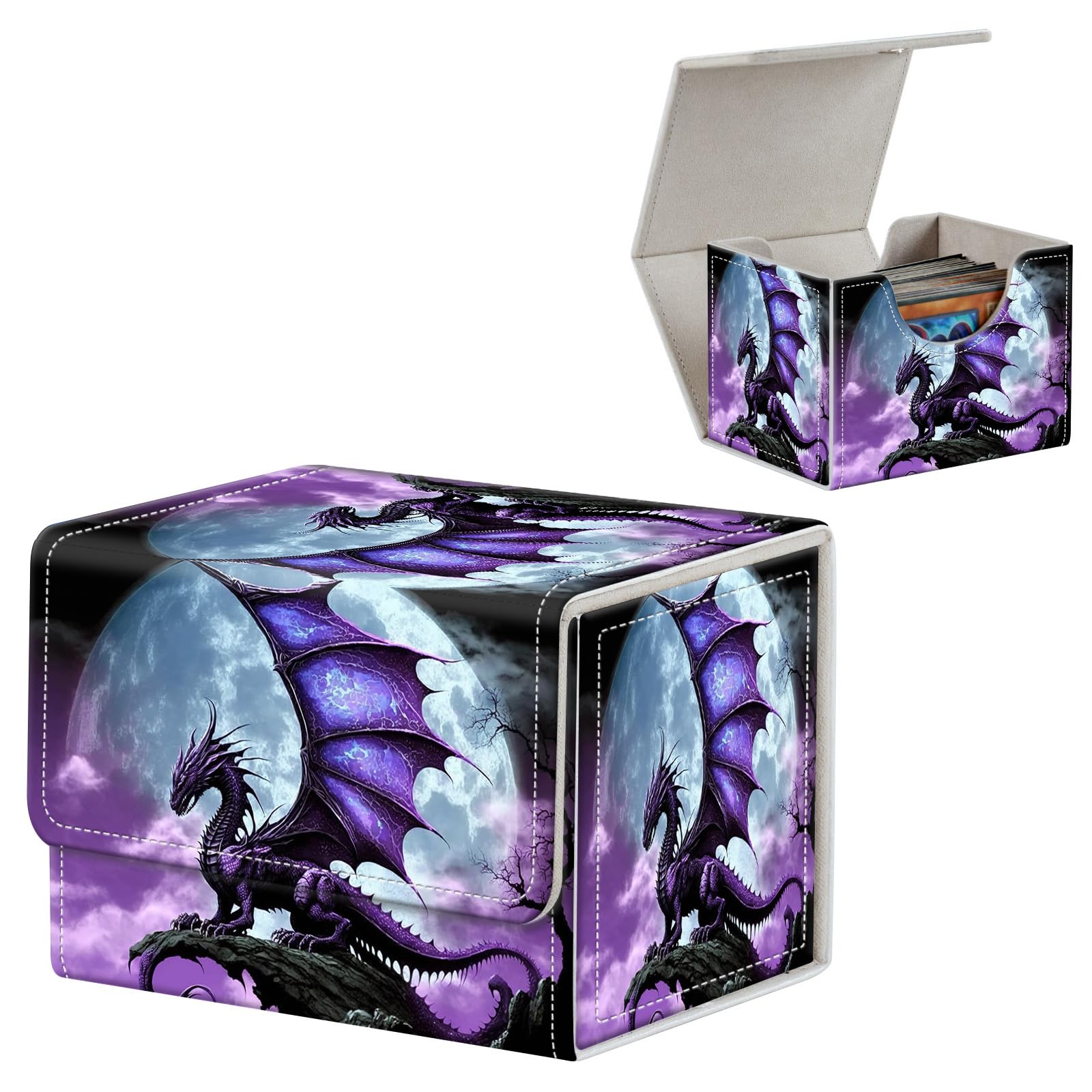 FUYOCWE Card Deck Box,MTG Commander Deck Box 100+ Double Sleeved Cards Storage,Magnetic Snap Leather Trading Card Case Oragnizer for TCG/CCG/Magic/Sports Cards-Purple Arcient dragon