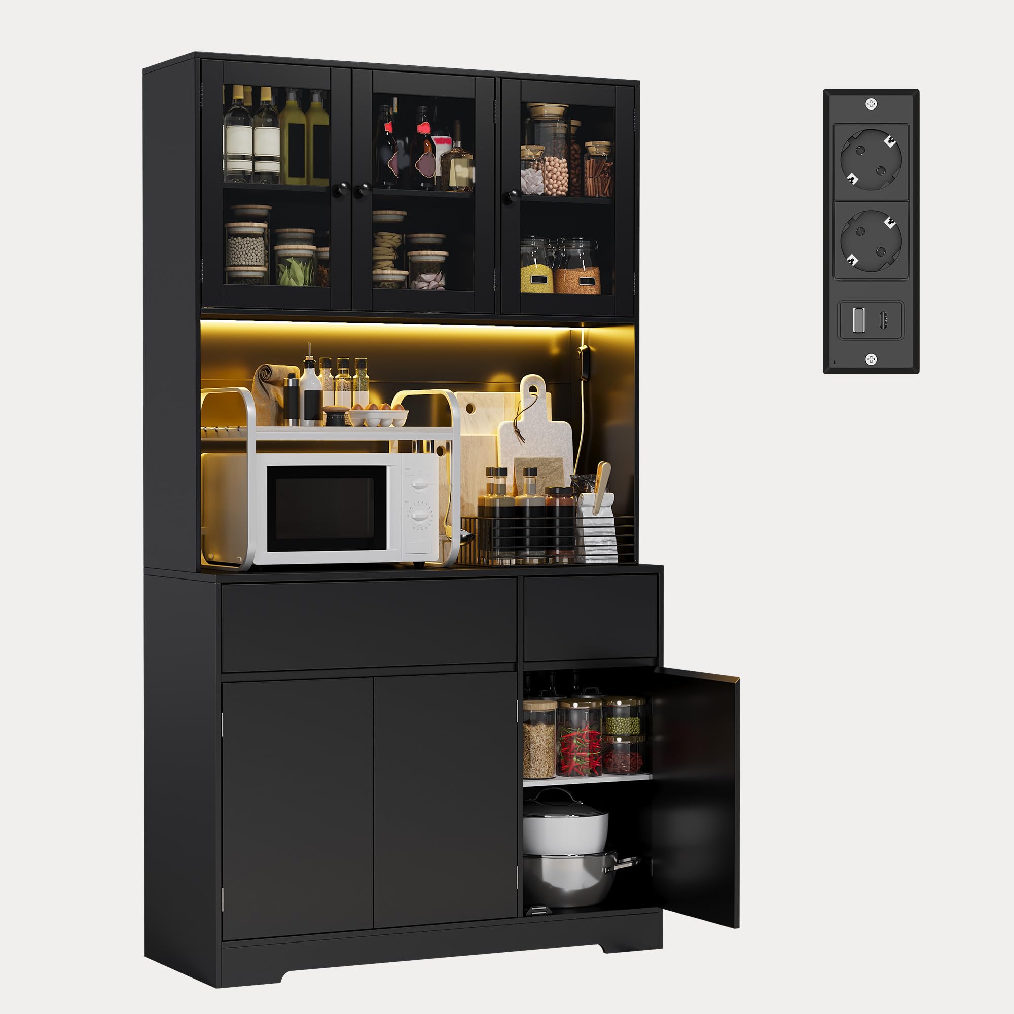 Xbro Armario Cocina Alto con LED y Enchufe, Mueble Auxiliar Cocina con Vitrina 6 Puertas 2 Cajones, Ideal para la Cocina, el Comedor y el salón, 100x38,5x180 cm