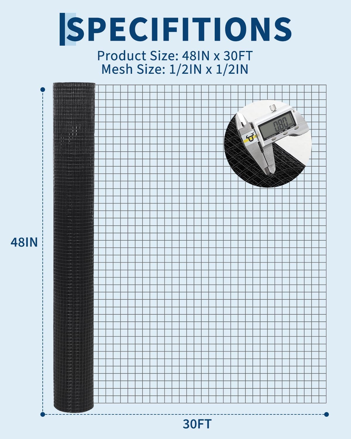 1/2 inch hardware cloth, 48 in x 30 ft galvanized wire mesh roll, 19ga chicken wire fence roll, metal wire mesh for chicken coop barrier, rabbit snake fences, poultry enclosures, animal netting 1/2inch 19ga 48"x 30'
