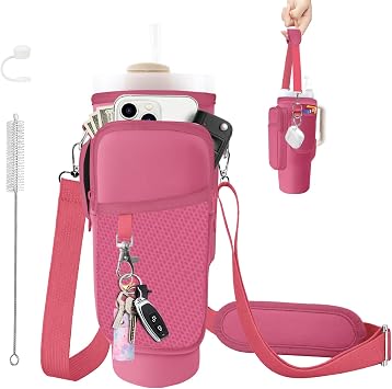 Water Bottle Carrier Bag for Stanley Cup 40/30oz, Neoprene Water Bottle Holder Pouch with 3 Pocket Adjustable Shoulder & Hand Strap
