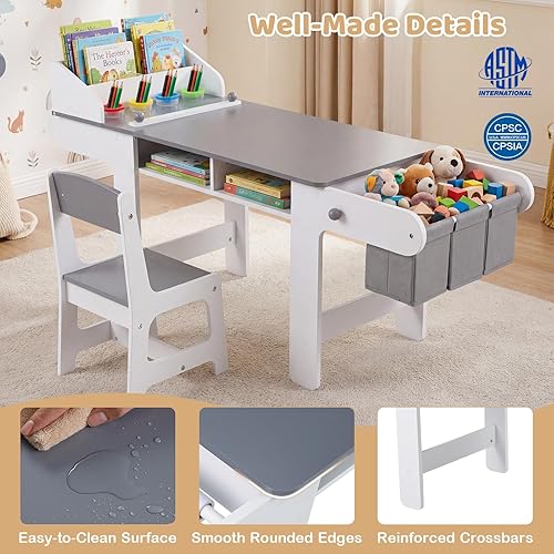 Miniatura 4 de Costzon Mesa y silla de arte para niños, mesa de madera para manualidades con rollo de papel y contenedores de tela para dibujar, leer, estudiar y
