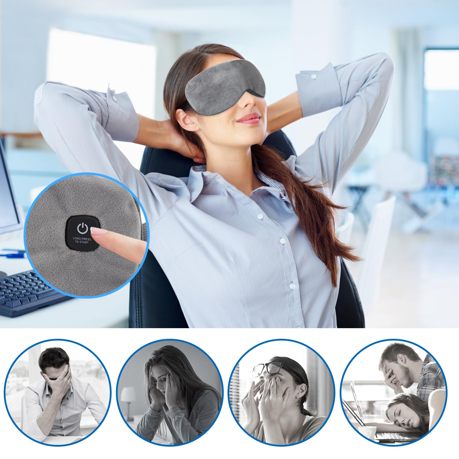 Lunettes chauffantes sans fil avec batterie sans fil - Masque chauffant pour les yeux - 3 niveaux de chaleur - Housse lavable - Pour les yeux secs et un meilleur sommeil