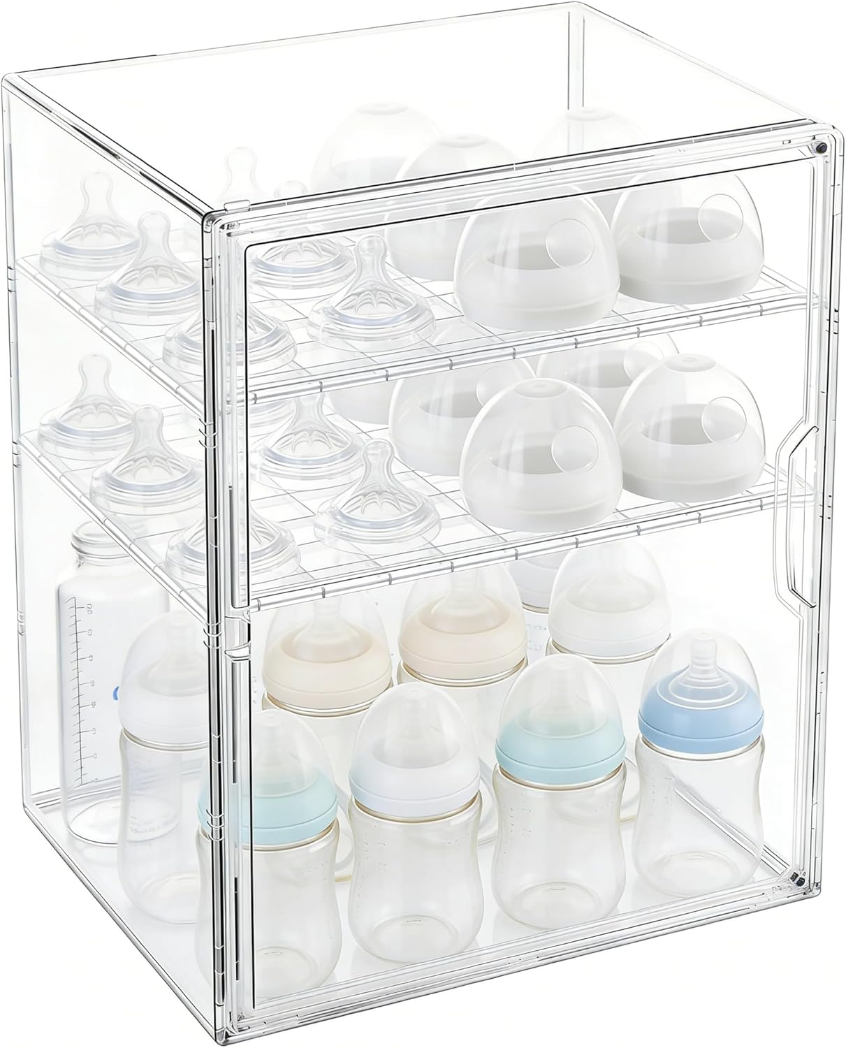 Baby Bottle Organizer, 3 Tiers Adjustable Clear Acrylic Storage Station Case Box Container for Bottles, Pacifiers, Pump Parts, Bottle Organizer Baby for Countertop and Cabinet (M)