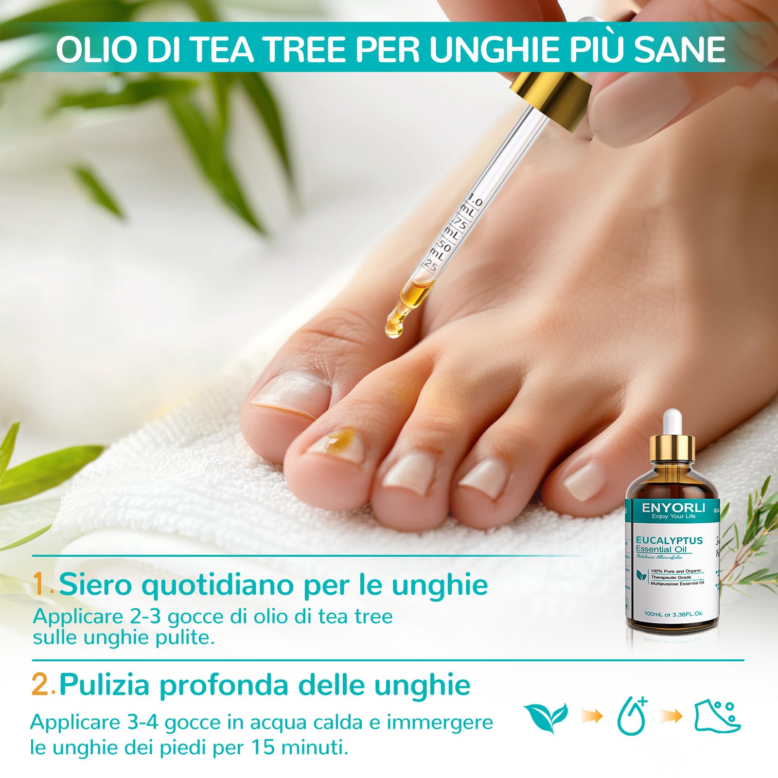 ENYORLI Tea Tree Essenziale Olio 100ml Naturale Tea Tree Olio per Pelle Viso Capelli Unghie, Aromaterapia, Diffusori, Fabbricazione di Candele, Massaggi, Cura della Casa, Sterilizzazione, Uso Esterno