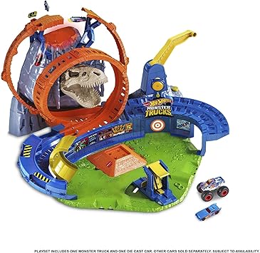 Hot Wheels Monster Trucks T-Rex Volcano Playset with 1:64 Scale Race Ace Toy Truck & 1 Toy Car, Track Set with Dinosaur Nemesis