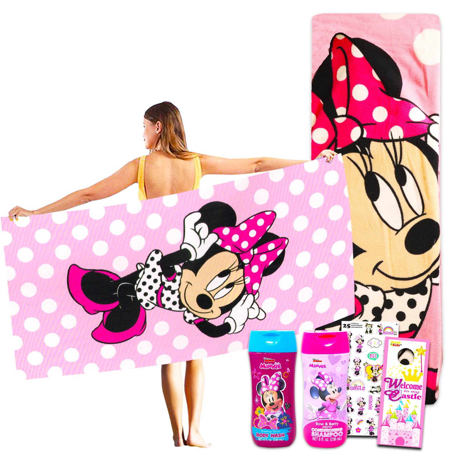 Minnie Mouse Bathroom Set for Girls - Bundle with 27" x 54" Minnie Beach Towel, Shampoo, Body Wash, Stickers, and More | Minnie Mouse Bath Set for Kids