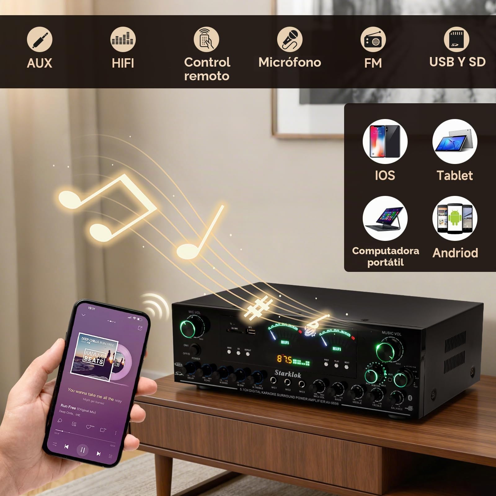 3000 W de potencia máxima de 5.1 canales HiFi estéreo, amplificador de subwoofer de cine en casa con Bluetooth 5.0, reproducción USB/SD, tres entradas de micrófono