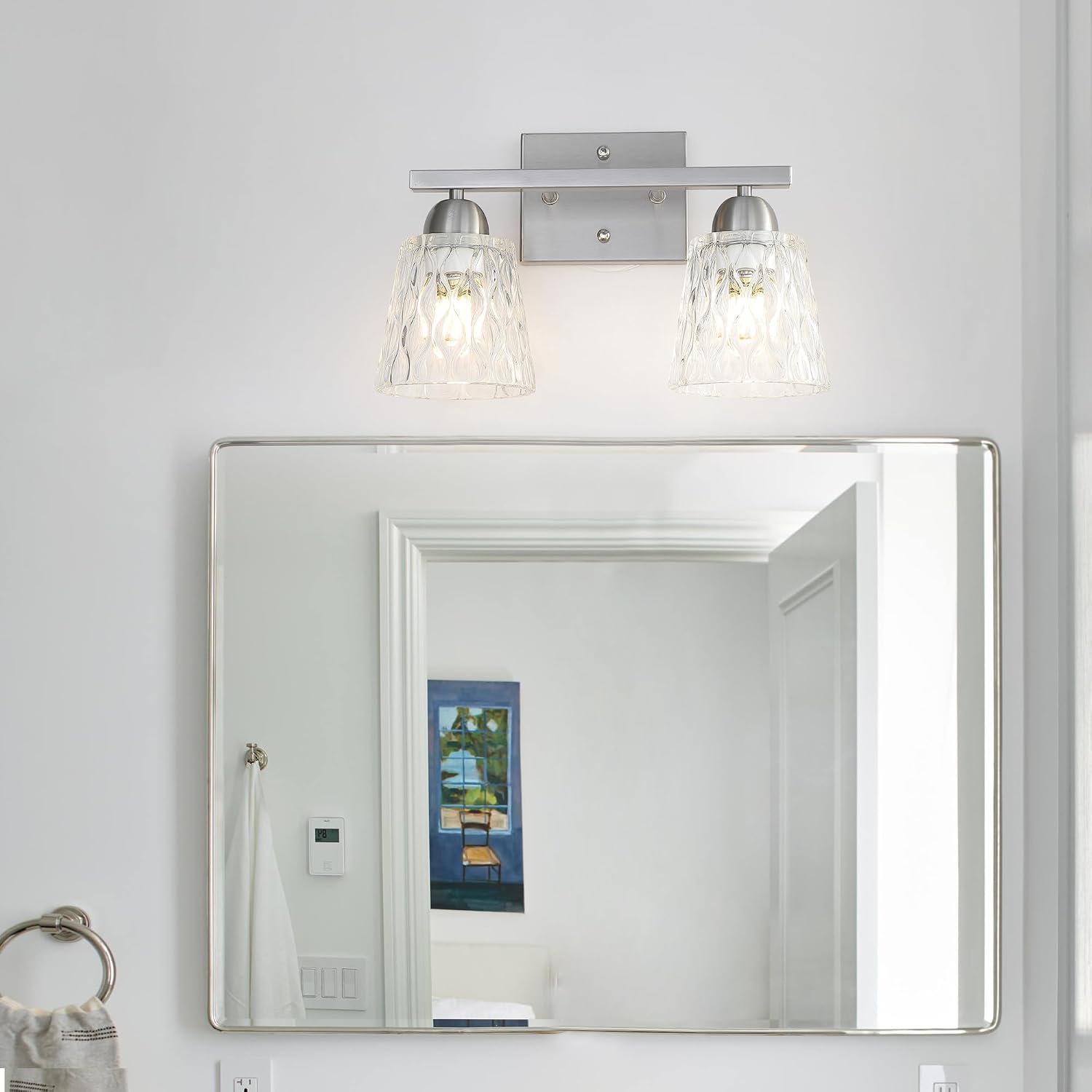 Mecgirn Stainless Steel Bathroom Vanity Light Over Mirror, 2 Light Brushed Nickel Bathroom Light Fixtures with Textured Glass Shades, Modern Vanity Lighting Wall Mount