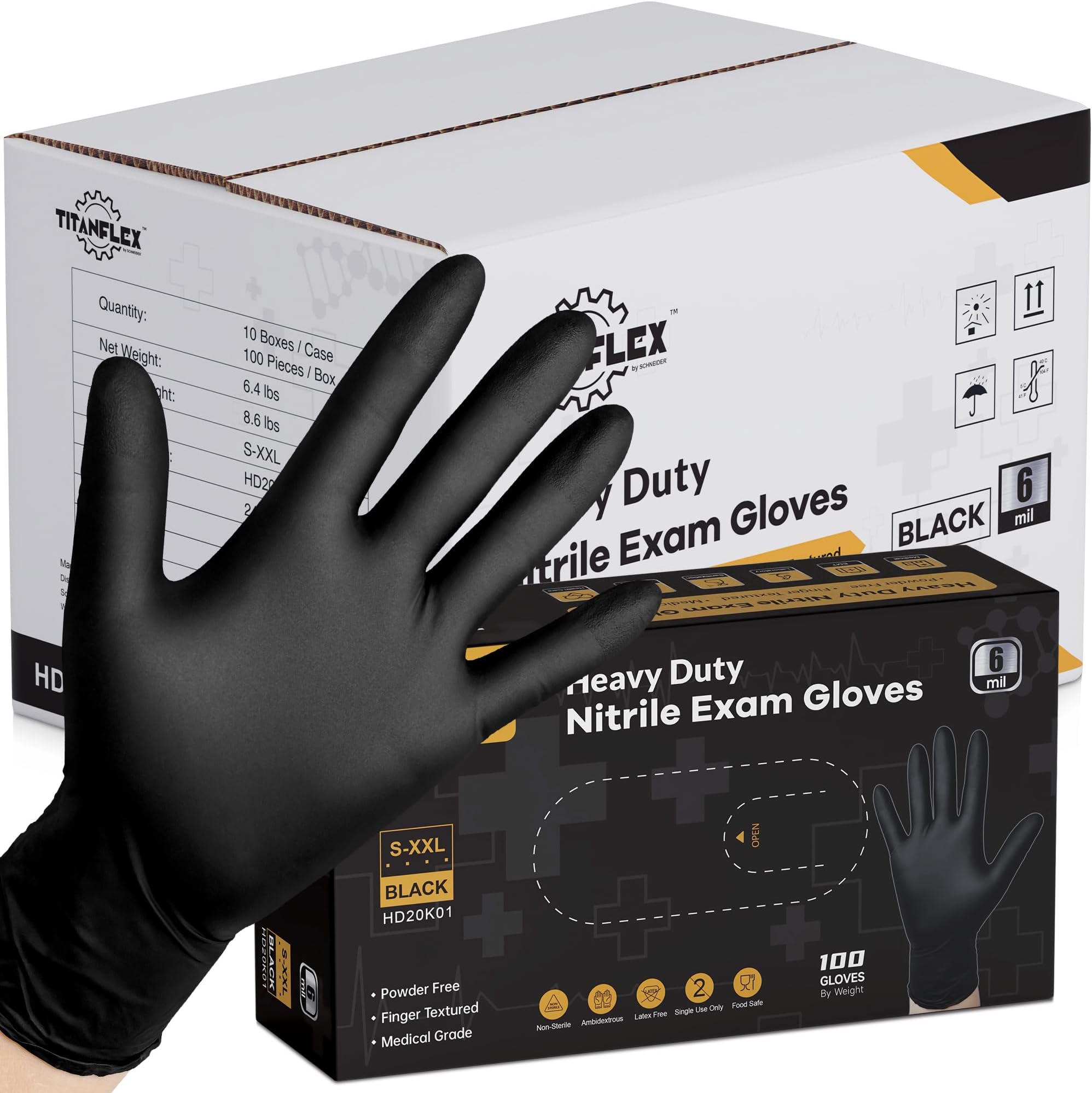 TITANflex Disposable Nitrile Exam Gloves, 6-mil, Black, XL 1000-ct Case, Heavy Duty Disposable Gloves, Cooking Gloves, Mechanic Gloves, Latex Free Gloves, Food Safe Rubber Gloves for Food Prep