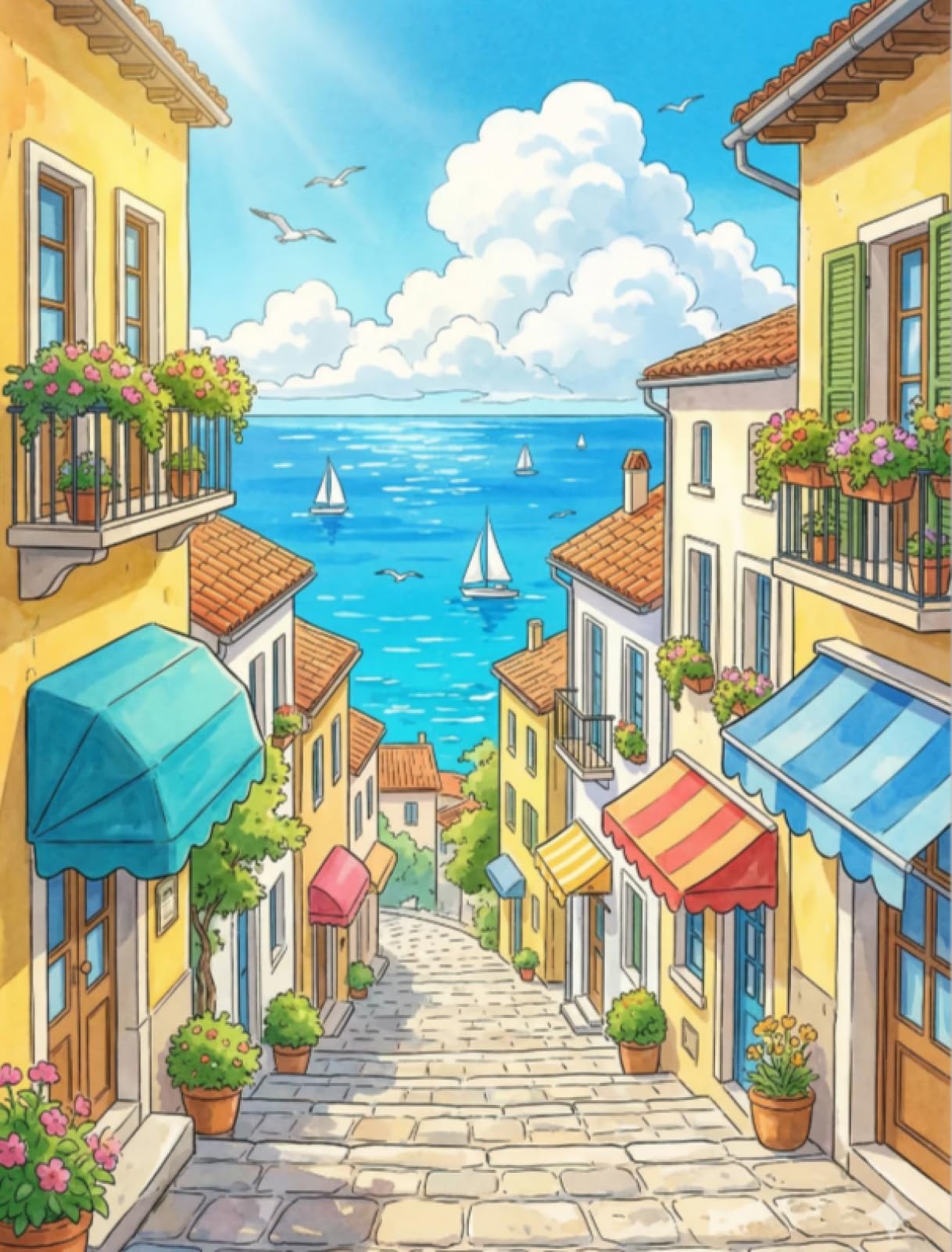 Stithej Pre-Printed Cross Stitch Kit Seaside Town 11CT Adult Beginner