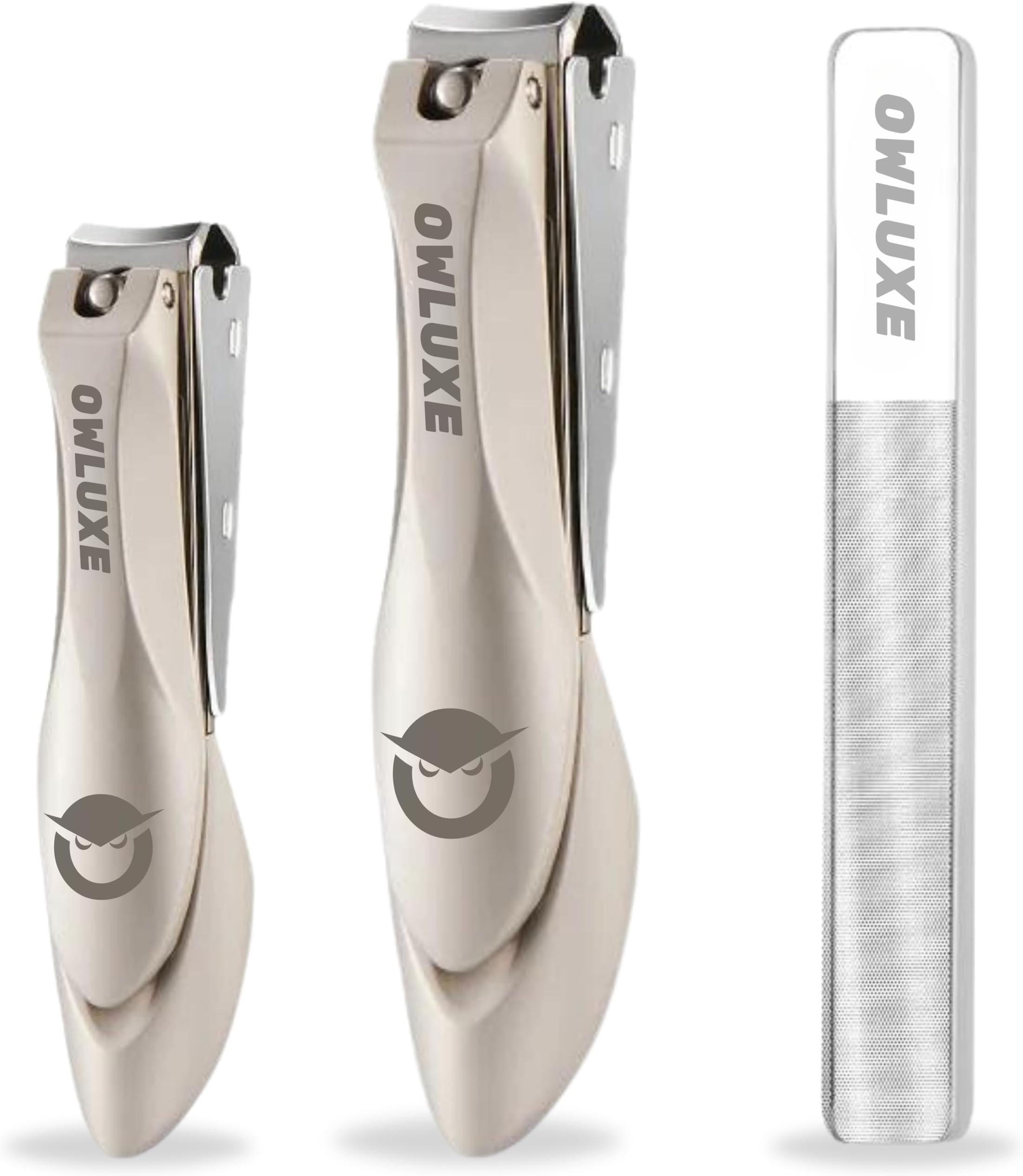 Heavy Duty Nail Clippers Set 3 with Catcher, Wide Jaw Ultra Sharp Edge Fingernail & Toenail Clippers for Thick Nails, Includes Nail Files, Complete Nail Kit by Owluxe in Gift Box for Men and Women