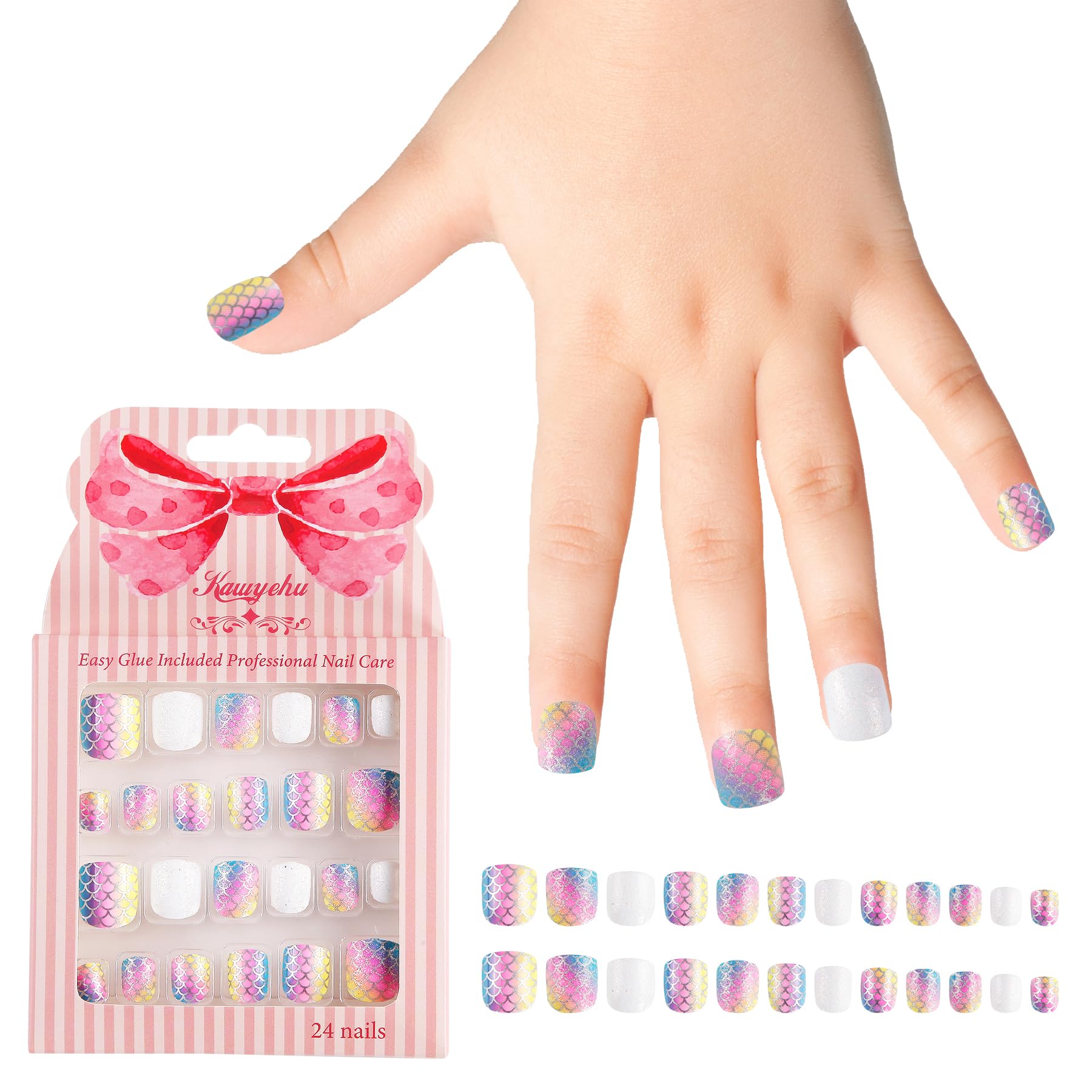 Kawyehu Kids Press on Nails Children Fake Nails Artificial Nail Tips Adhesive Full Cover Short False Fingernails for Girls Kids Nail Decoration (