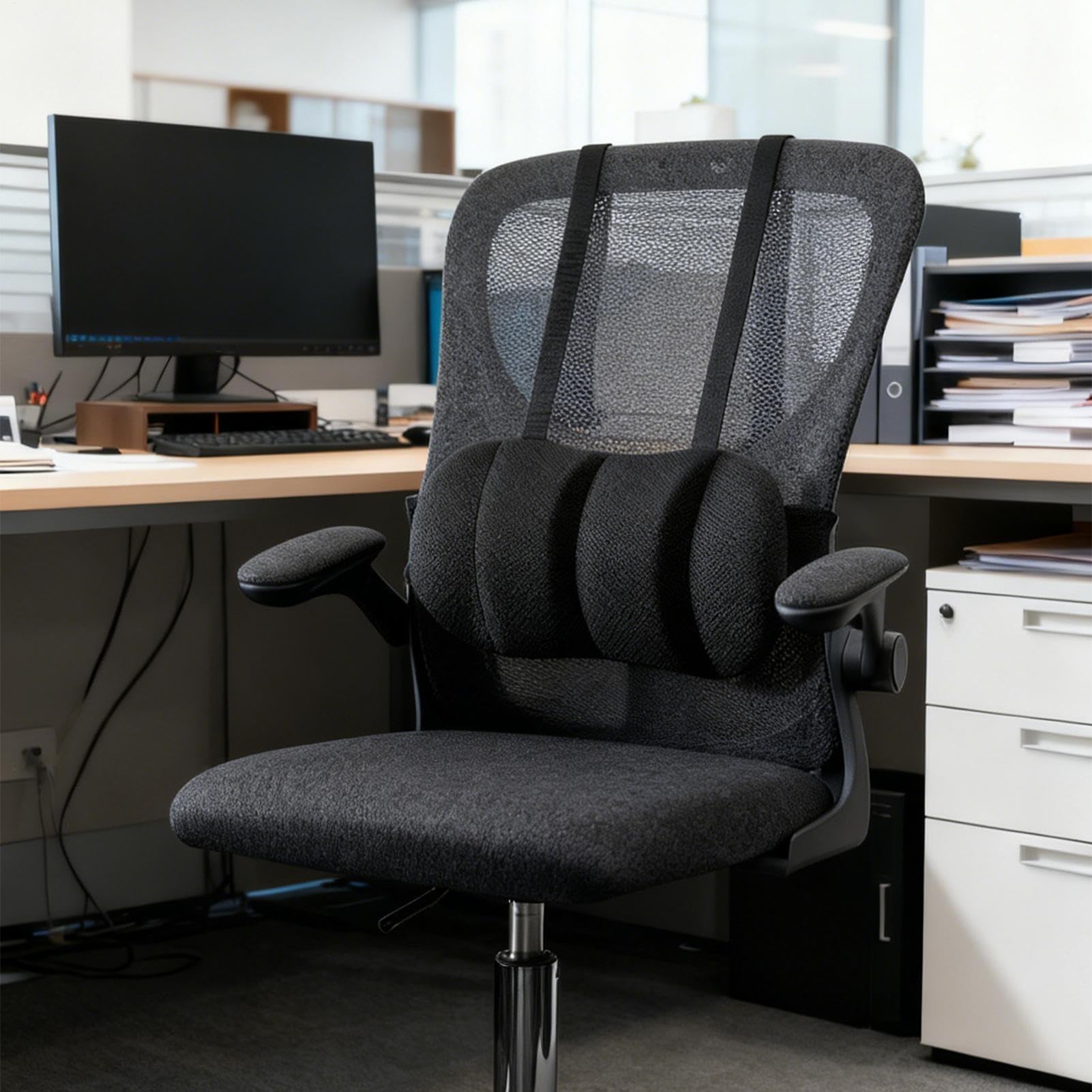 Soporte lumbar con correas – Cojín de apoyo ajustable en altura para sillas de oficina, asientos de coche y sillones relajantes | Comodidad al sentarse y conducir