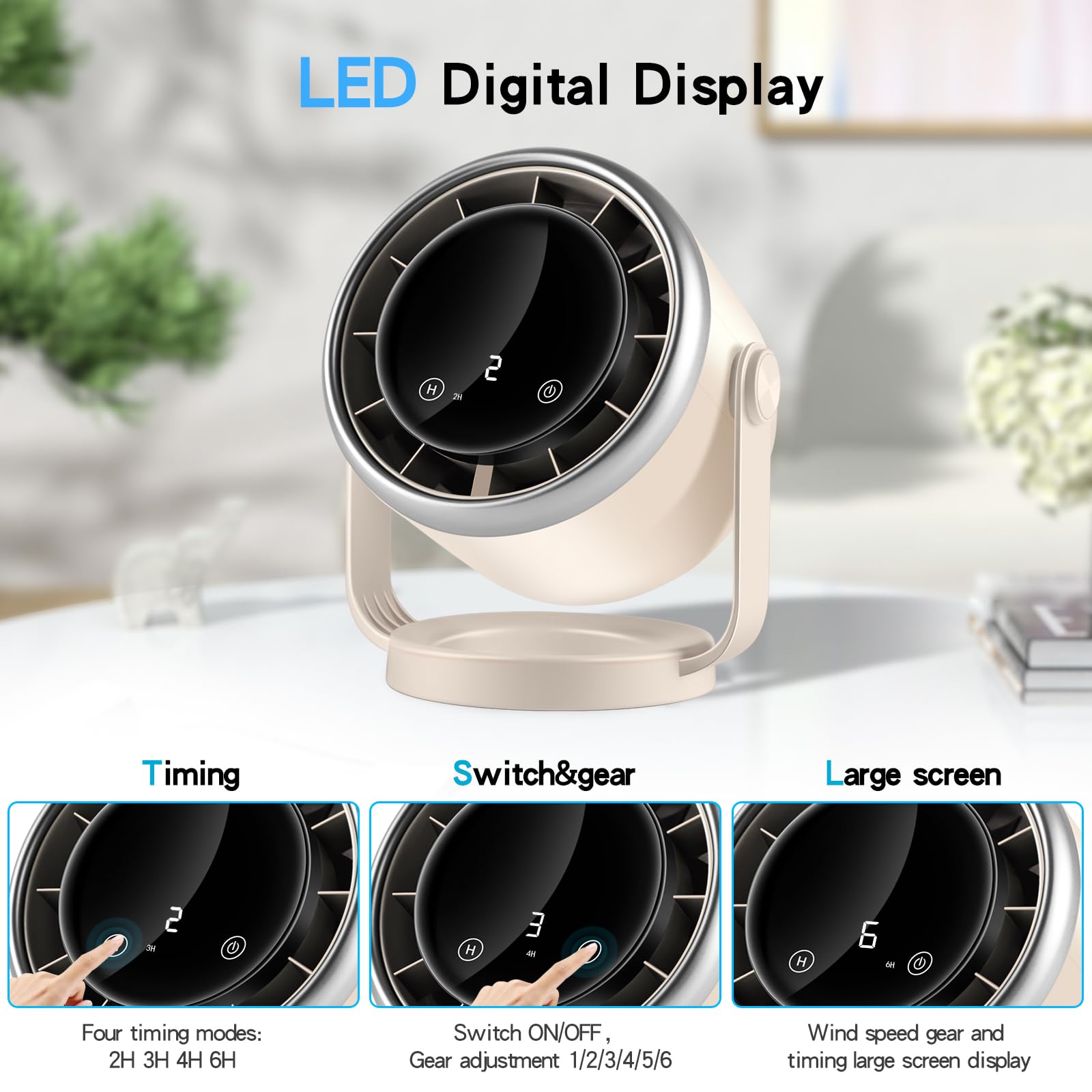 Ventilador de escritorio con batería, pantalla digital silenciosa, ventilador portátil con rotación de 360°, ventilador circulador de aire para toda la habitación, ventiladores USB con 6 velocidades 2