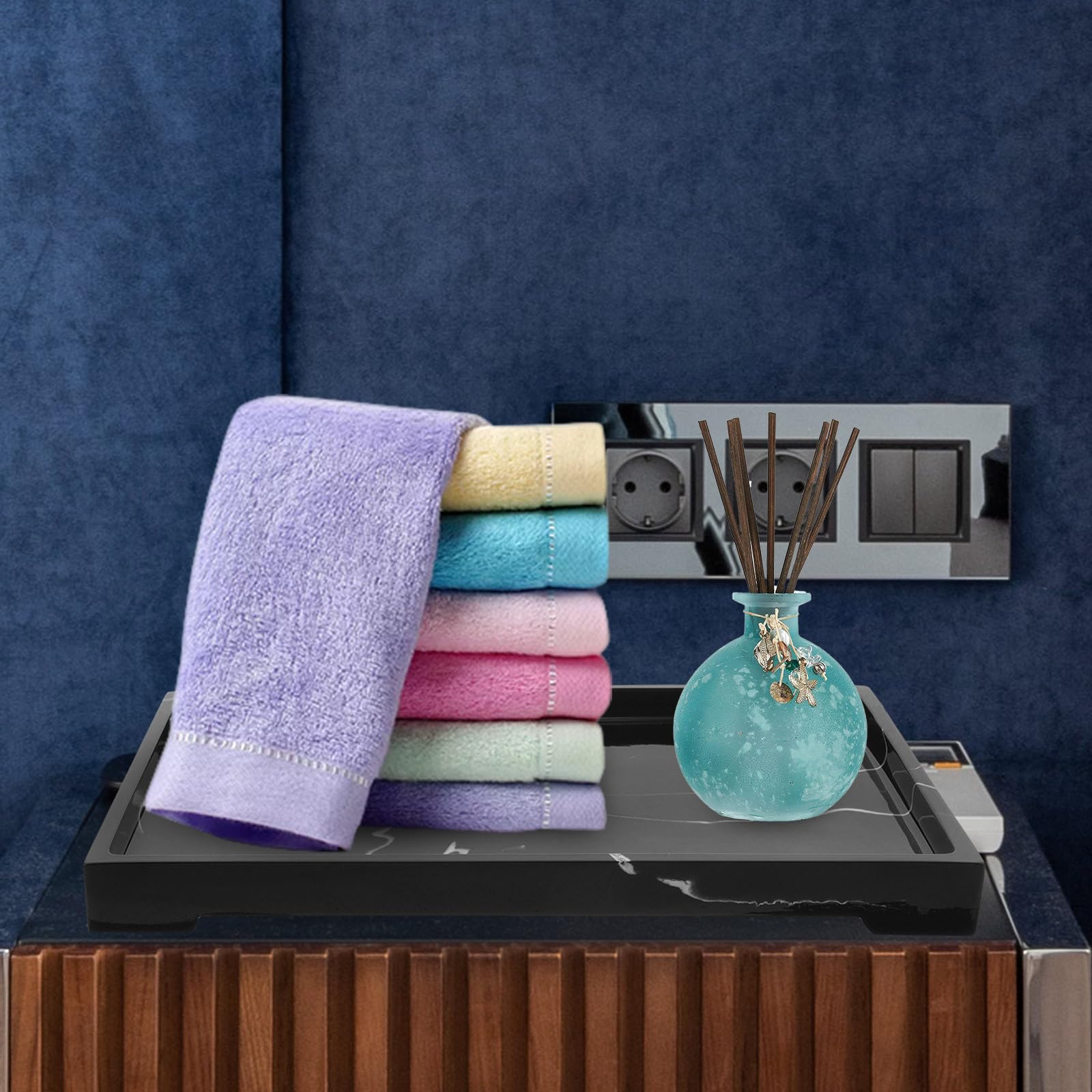 Bandeja de Baño de Resina Jaspeada Negra, Decorativa para Mesa