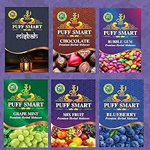 PUFF SMART Herbal Hookah Molasses (100% Nicotine and Tobacco Free) Misbah, Chocolate, Bubblegum, Grape Mint, Mix Fruit, Blueberry Hookah Flavor (Pack of 6)