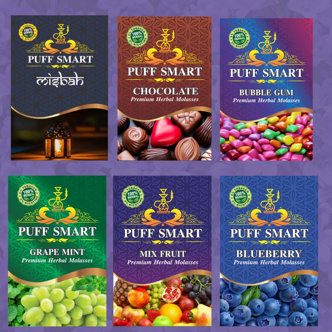 PUFF SMART Herbal Hookah Molasses (100% Nicotine and Tobacco Free) Misbah, Chocolate, Bubblegum, Grape Mint, Mix Fruit, Blueberry Hookah Flavor (Pack of 6)