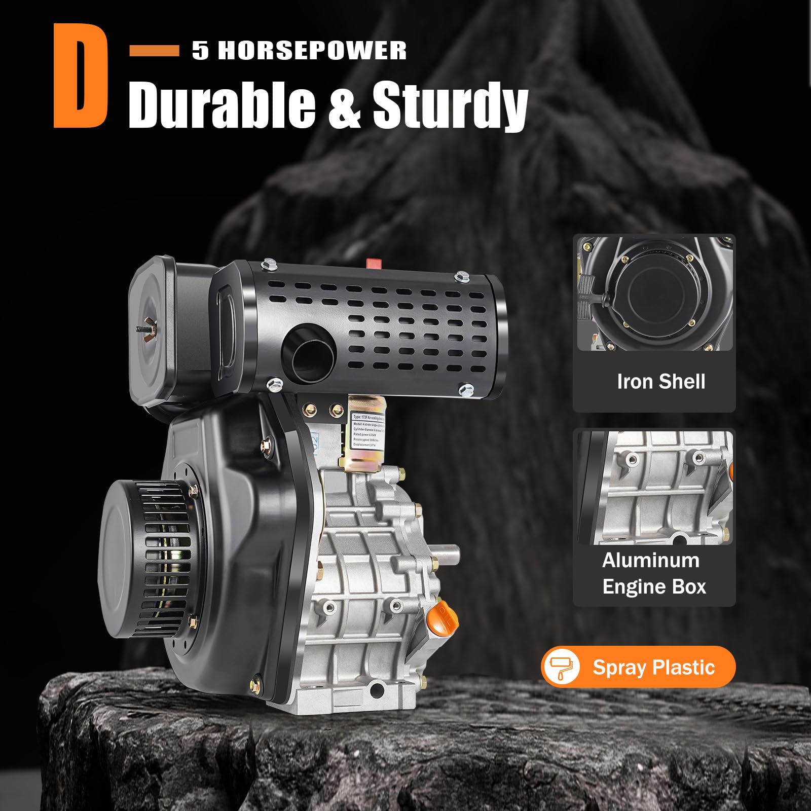 4-Takt 5 PS Dieselmotor, Eilzugstarter-Dieselmotor, 4,05 kW, Luftgekühlt Seilzugstart, 20 mm Ø Welle, 247 ccm Hubraum, Einzylinder, Leichtstartmotor, Standmotor (Schwarz)