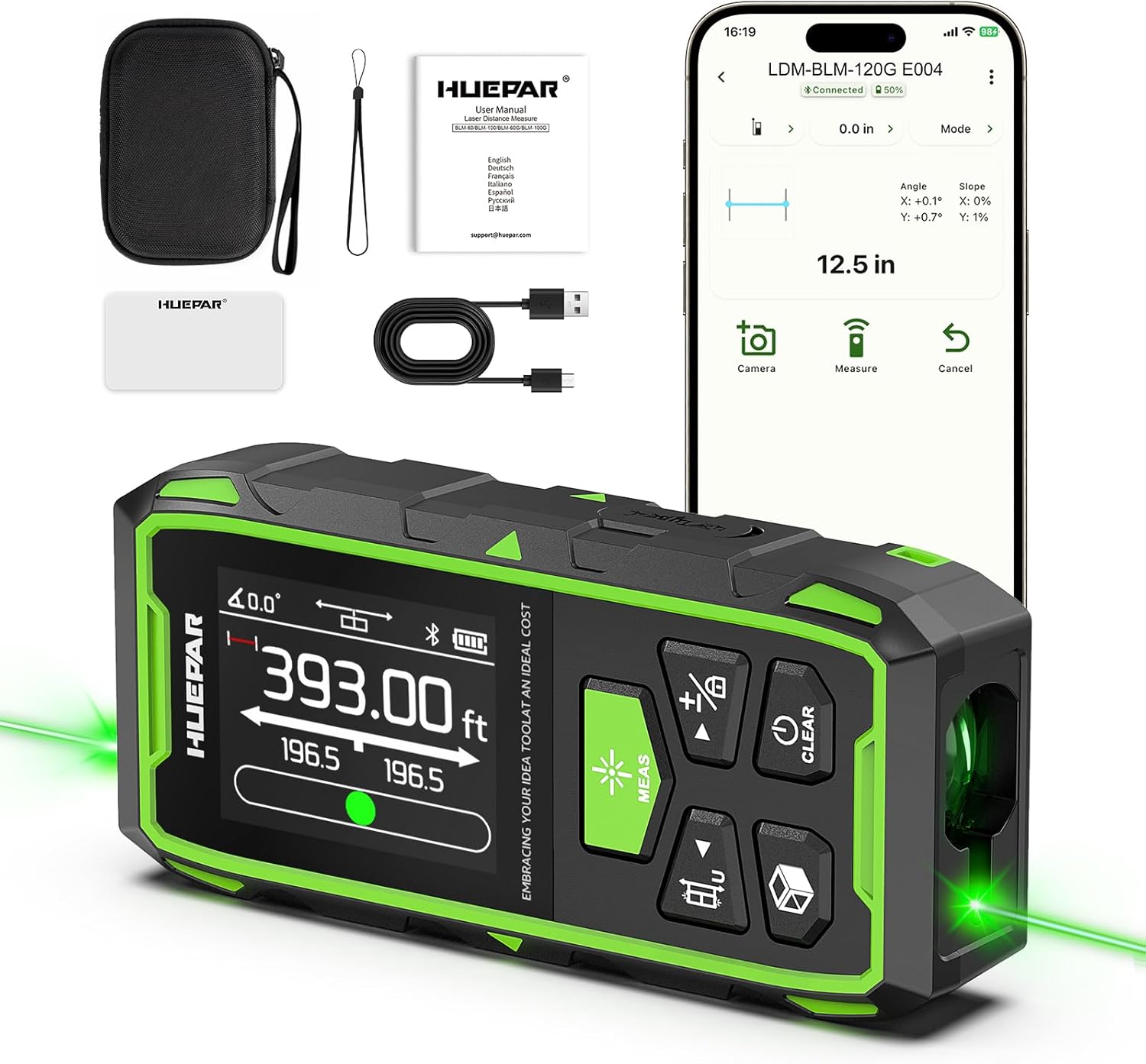 Huepar Dual Laser Measuring Tool, 656Ft Green-Beam Bilateral Digital Laser Distance Measure 6 Units Ft/in/M, Rechargeable Laser Measurement Tool -Backlit LCD Display -BLM-100G-BT