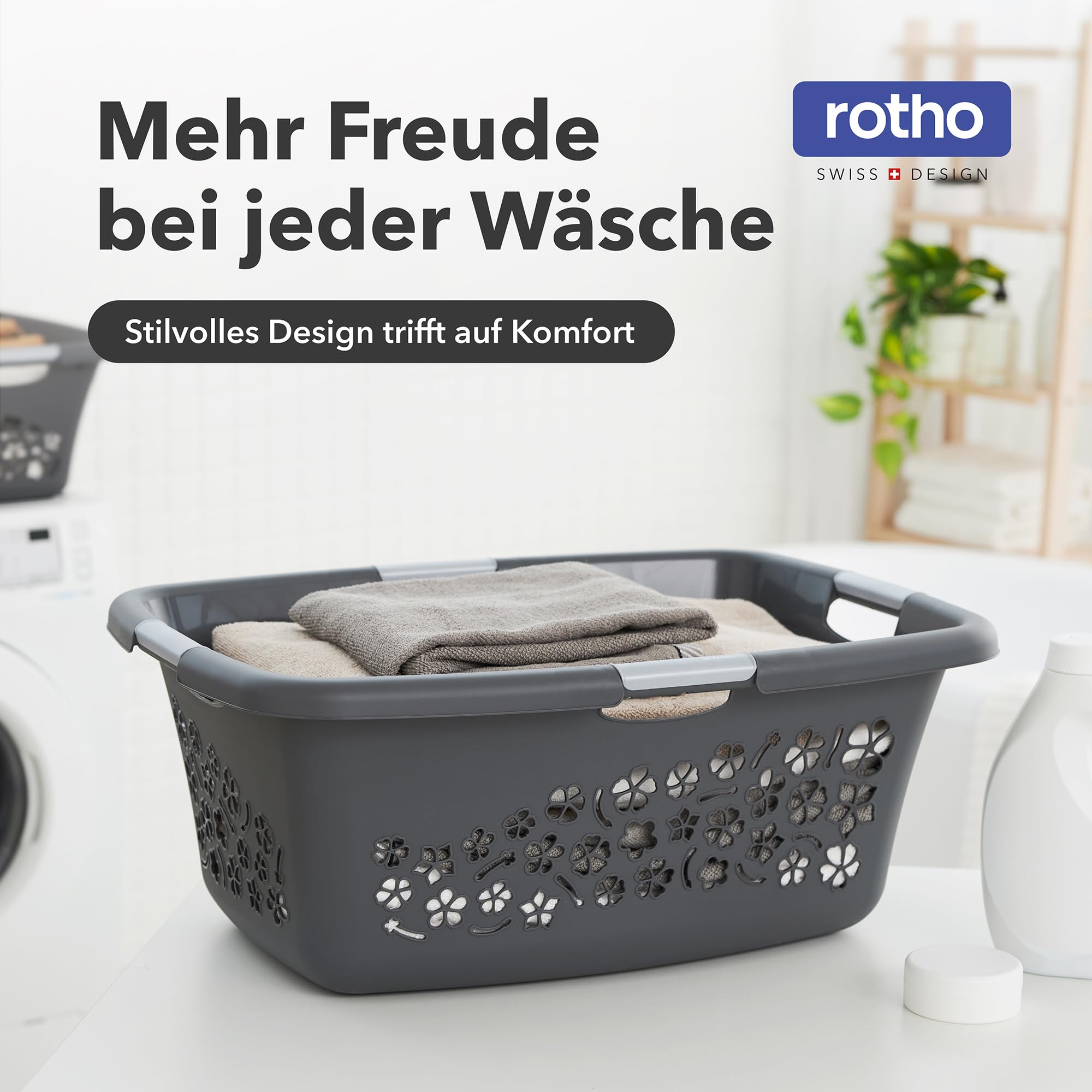 Rotho Flowers 3er-Set Wäschekorb 50l | mit Belüftungslöchern | mit 4 Griffen für bequemes Tragen | robust & langlebig | einfach zu reinigen & hygienisch | anthrazit