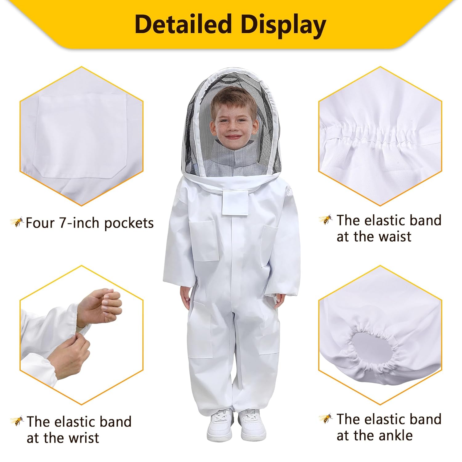 Bee Suit, Beekeeping Outfit Professional Full Body Beekeeper Suit with Veil Hood for Men and Women Beekeeper and Beginners with Gloves (Kid-L for 3'7"-4'2") - Image 6