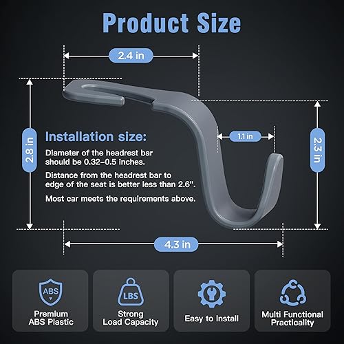 Miniatura 5 de Amooca - Gancho para reposacabezas de asiento de coche, 4 unidades, organizador de almacenamiento universal para bolso de mano, abrigo, tipo S, Gris