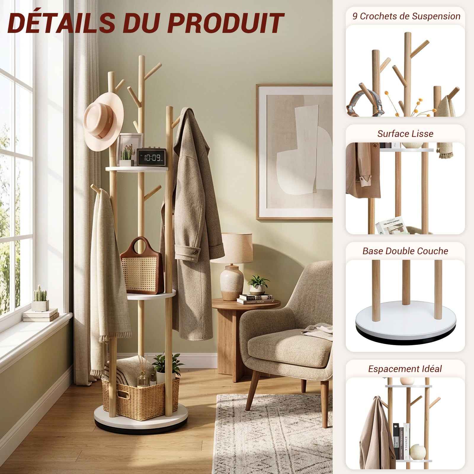 SUNDOY Porte-Manteau Pivotant sur Pied en Bois 165 cm