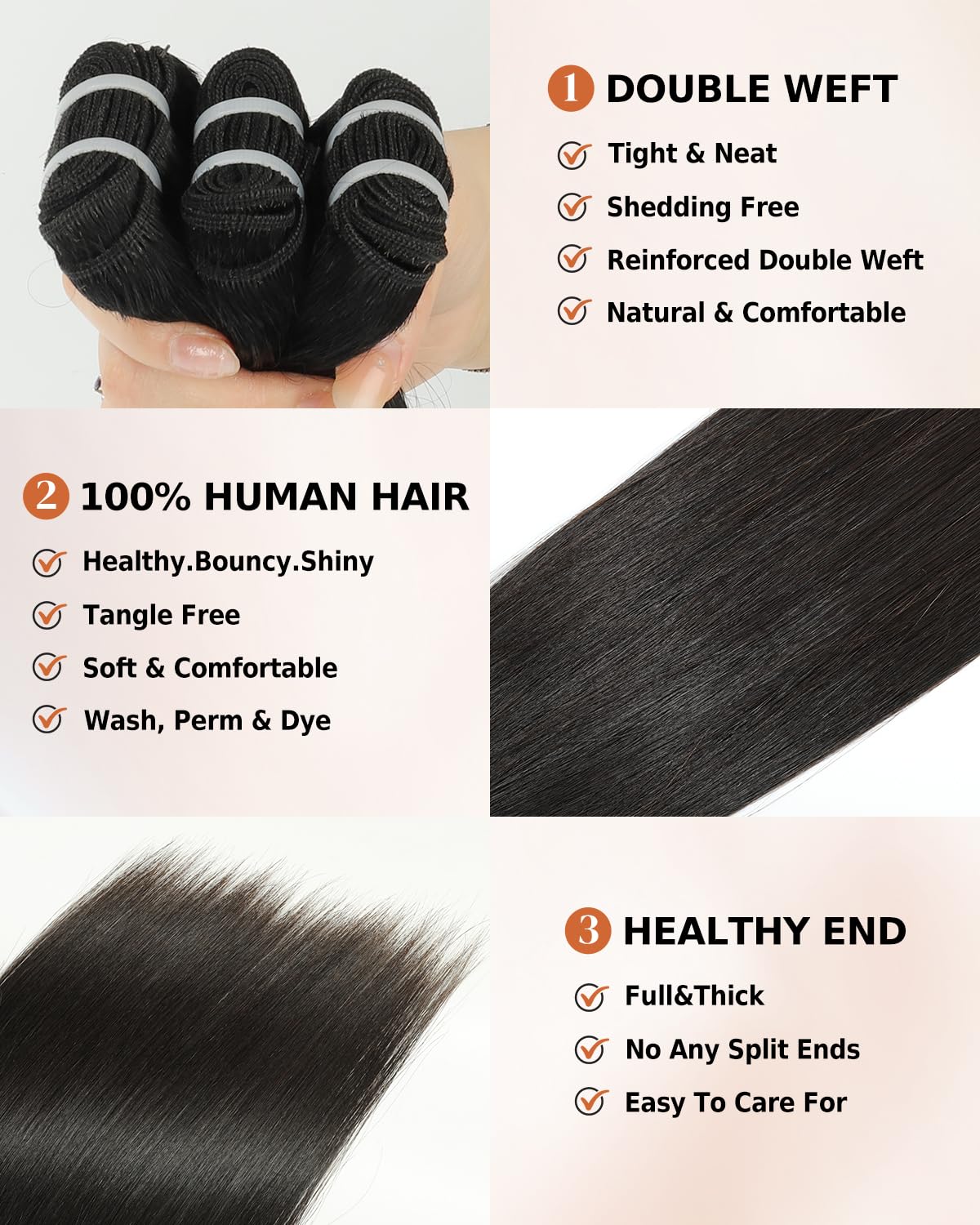  3 Straight Human Hair Bundles #1 Jet Black, Double Weft 100% Remy Human Hair Bundles for Black Women Sew In and Quick Weave, 12 14 16 Inch 95g x 3 thumbnail