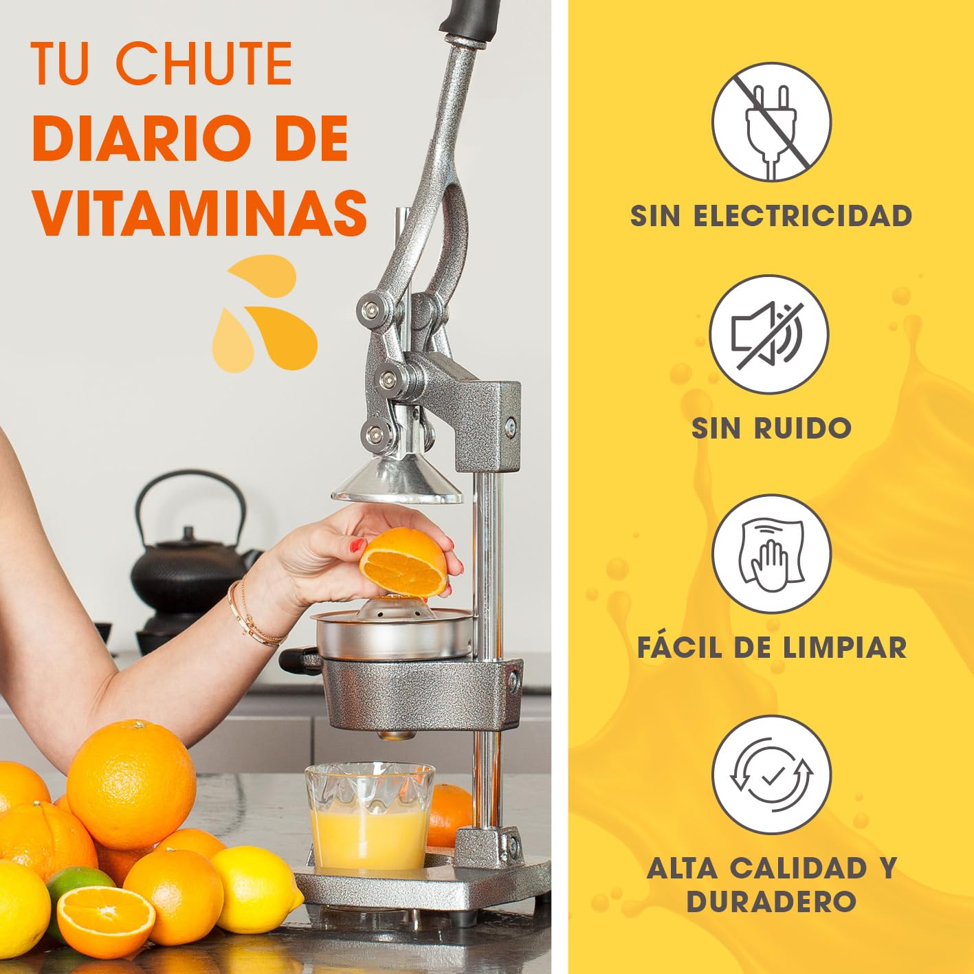 Lumaland Exprimidor manual de acero inoxidable | Exprimidor de cítricos elegante y muy silencioso | Potente para obtener mucho más zumo, simplemente exprima zumos frescos