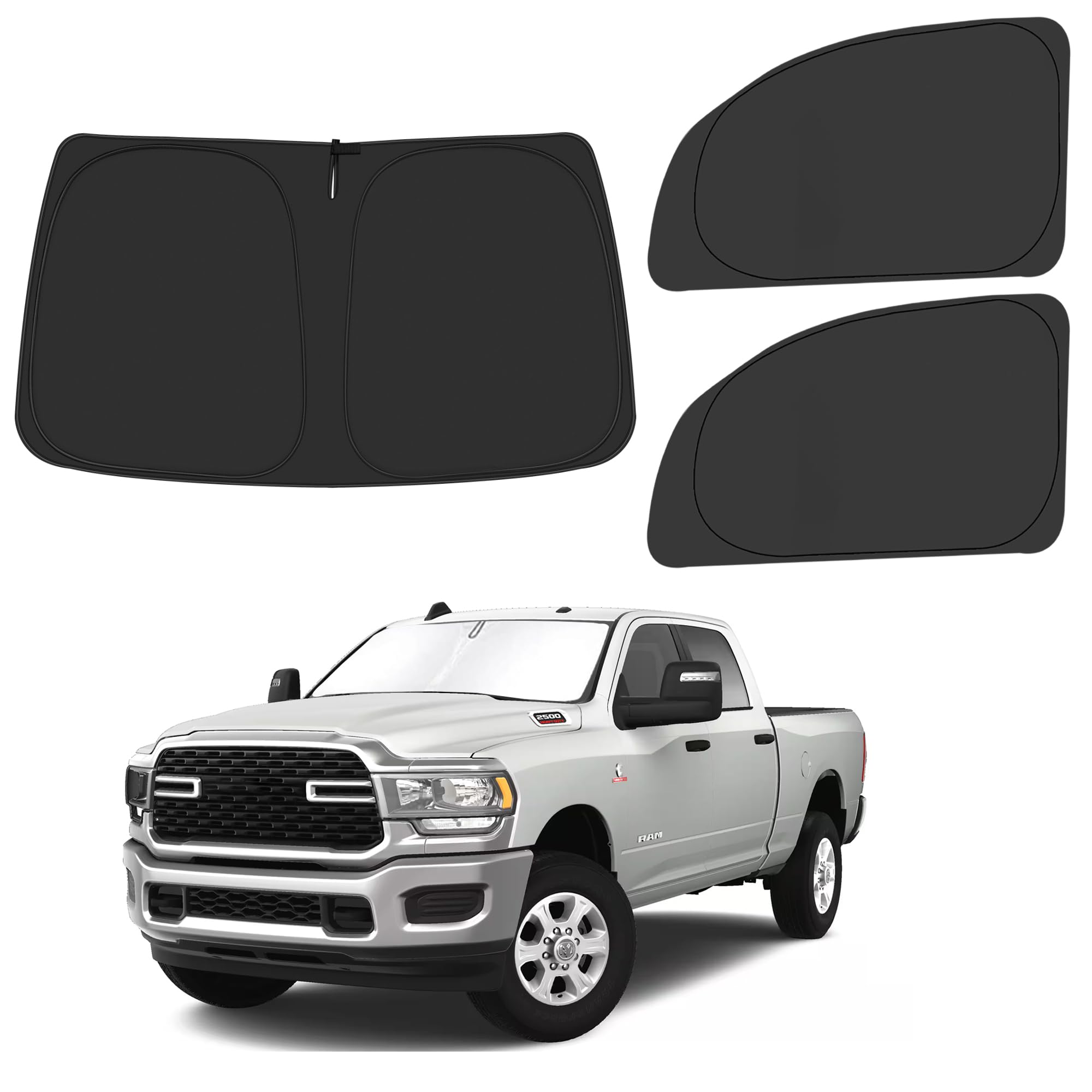 Front Windshield ＆ Side Window Sun Shade for 2010-2025 Dodge RAM 2500 3500 QuadCab CrewCab MegaCab 4Door, Foldable Window Sunshade Sun Visor Protector Sun Shield Block UV Rays Heat, Pack of 3