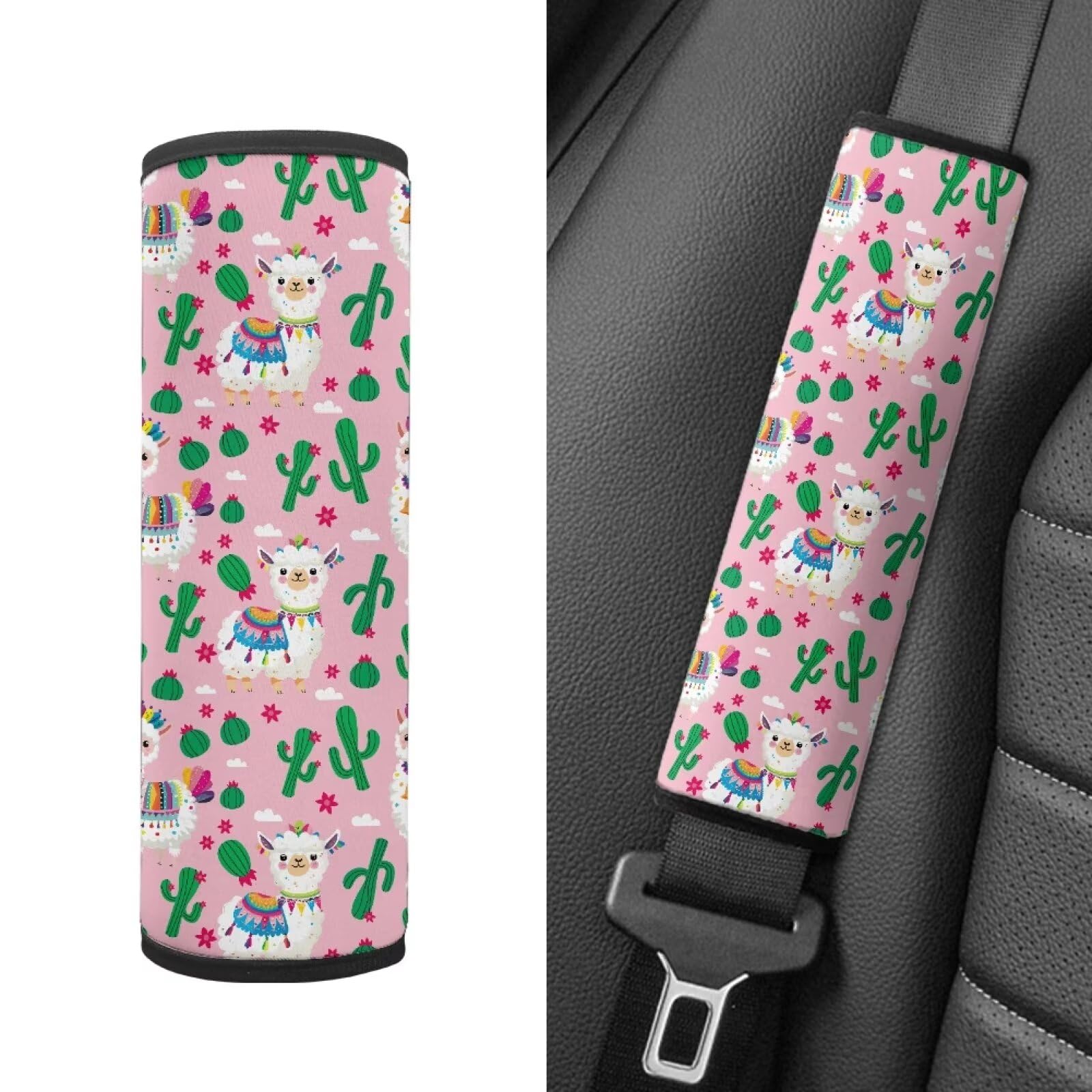 Biyejit Alpaca Cactus Car Seat Belt Cover Pad, Car Safety Seat Belt Strap Shoulder Pad for Adults and Children, Suitable for Car Seat Belt, Backpack, Shoulder Bag, Set of 2