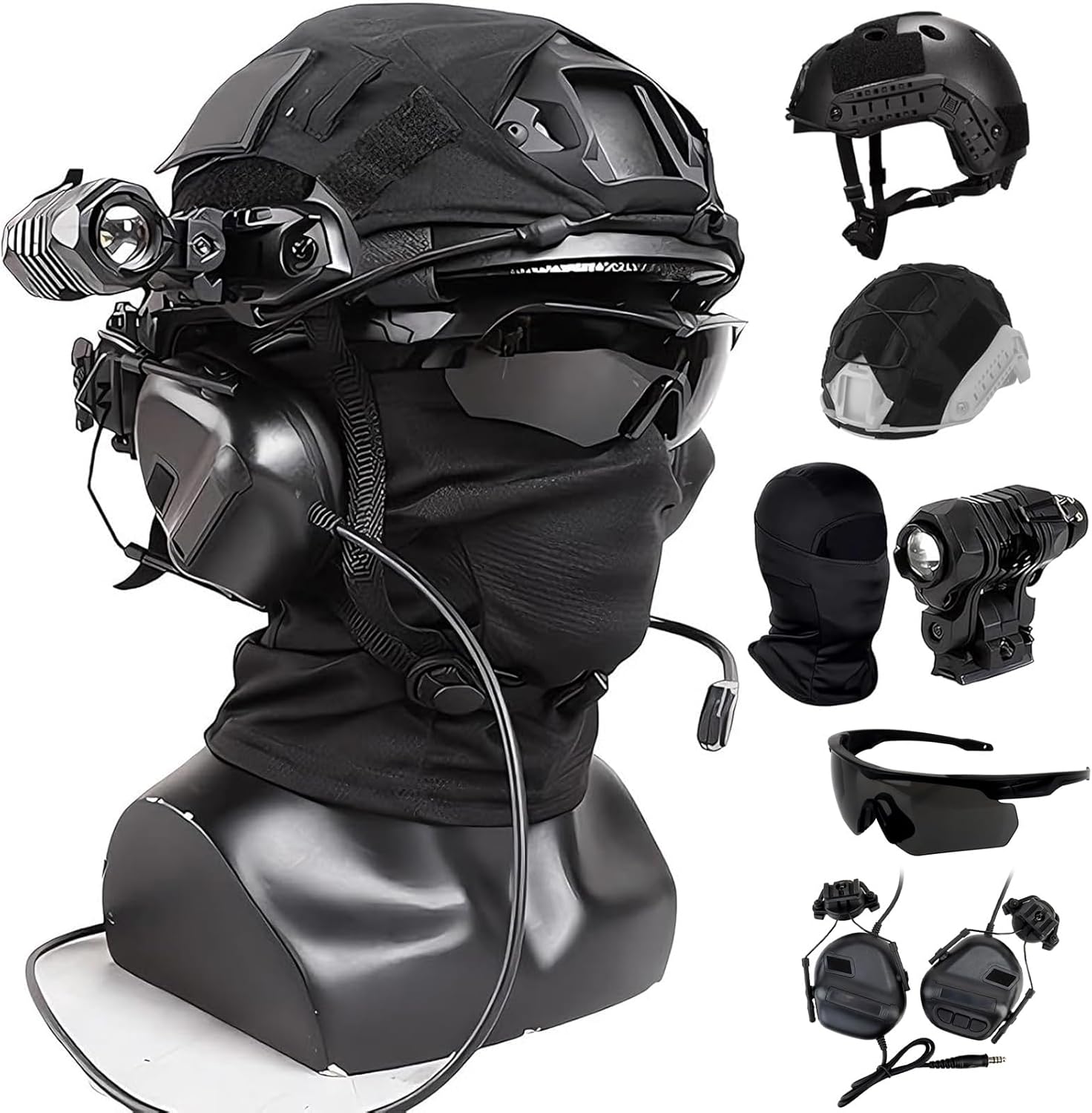Tactical Fast Airsoft Helmet Set with Tactical Headset, Goggles, Flashlight Balaclava Face Mask- Adjustable Protective Gear for Hunting Shooting