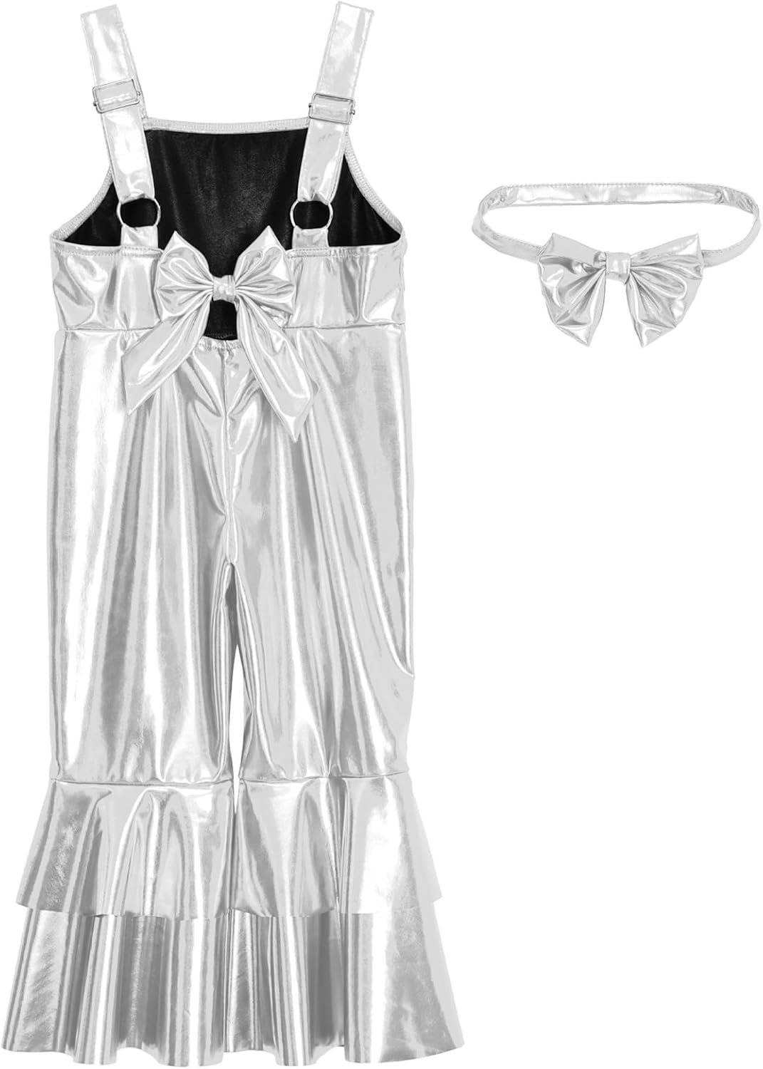 Infant Baby Girls Sparkly Ruffles Pants Coveralls Shiny Metallic Overalls with Headwear Silver 3-4 Years