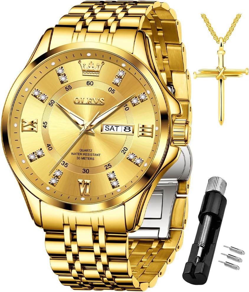 - Diamond Watches for Men,Business Dress Watch Waterproof Luminous,Male Golden Big Dial Luxury Casual Quartz Analog Watches with Day Date Calendar and Stainless Steel Band