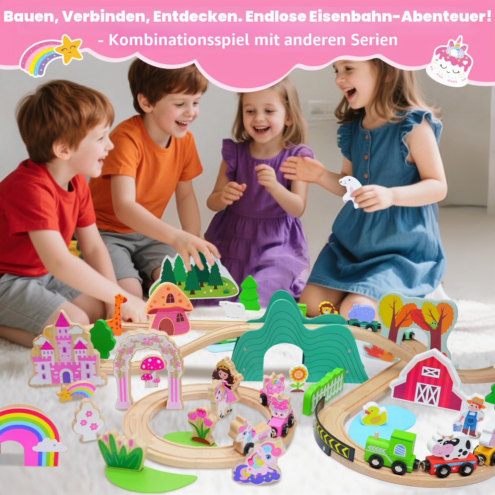 SIMPLIPLAY Holzeisenbahnset – 43-teiliges magnetisches Einhorn-Spielzeugzugset mit Holzeisenbahnschienen und Brücke für Mädchen und Kleinkinder, Geburtstag oder zu Weihnachten
