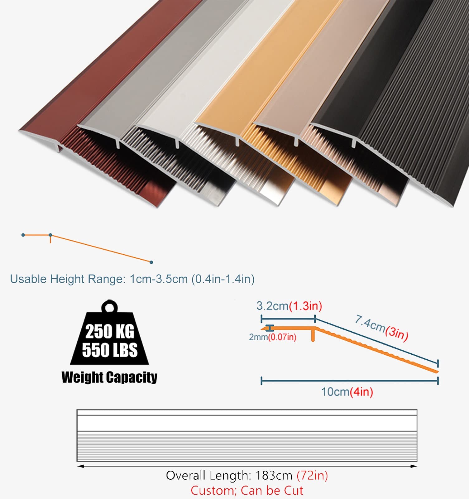 Tiras de transición de madera a azulejos, tira de umbral de suelo de arco de 72 pulgadas, cubierta de aleación de aluminio para puertas, para suelos laminados y de madera dura, color plateado