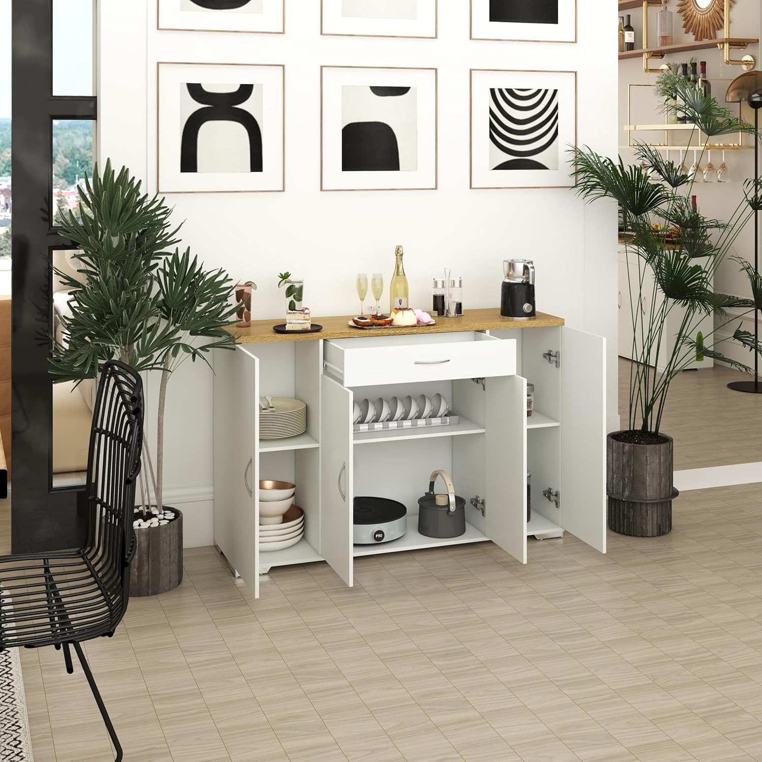 Hitsuki Credenza Sala da Pranzo Bianca con 4 Ante e 1 Cassetto 110×30×70cm | Credenza con 4 ante e 1 cassetto, spazio pratico per organizzare stoviglie, posate e accessori nella sala da pranzo