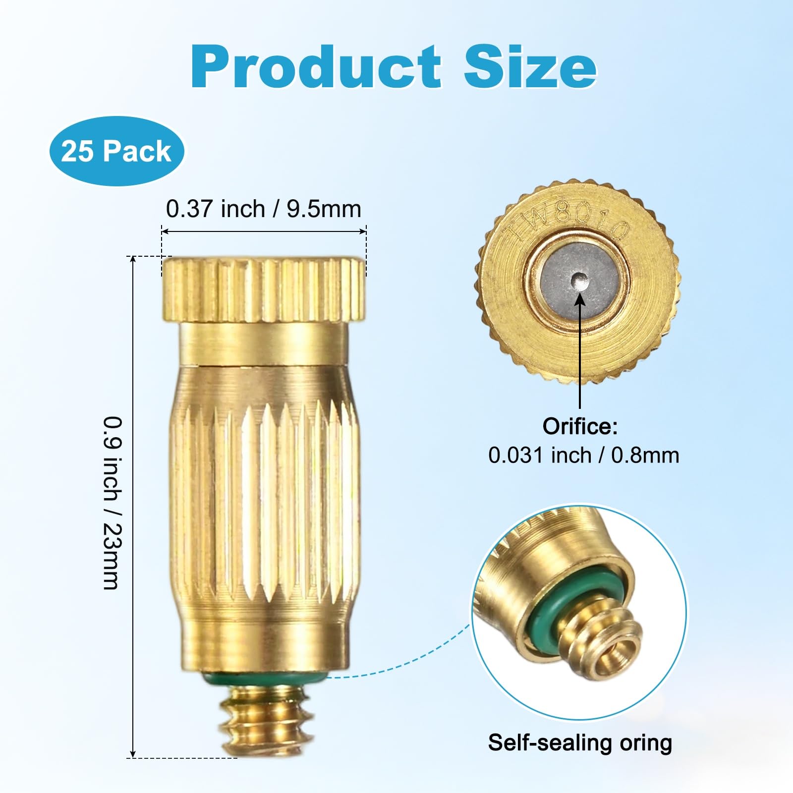 25er-Pack Messing-Sprühdüsen, 0,8 mm (0,031 Zoll) Öffnung, Hochdruck-Sprühdüse 3/16 UNC, tropffreier Sprühkopf für den Außenbereich, geeignet für Kühlsysteme im Außenbereich, Landschaftsbau und Gewä