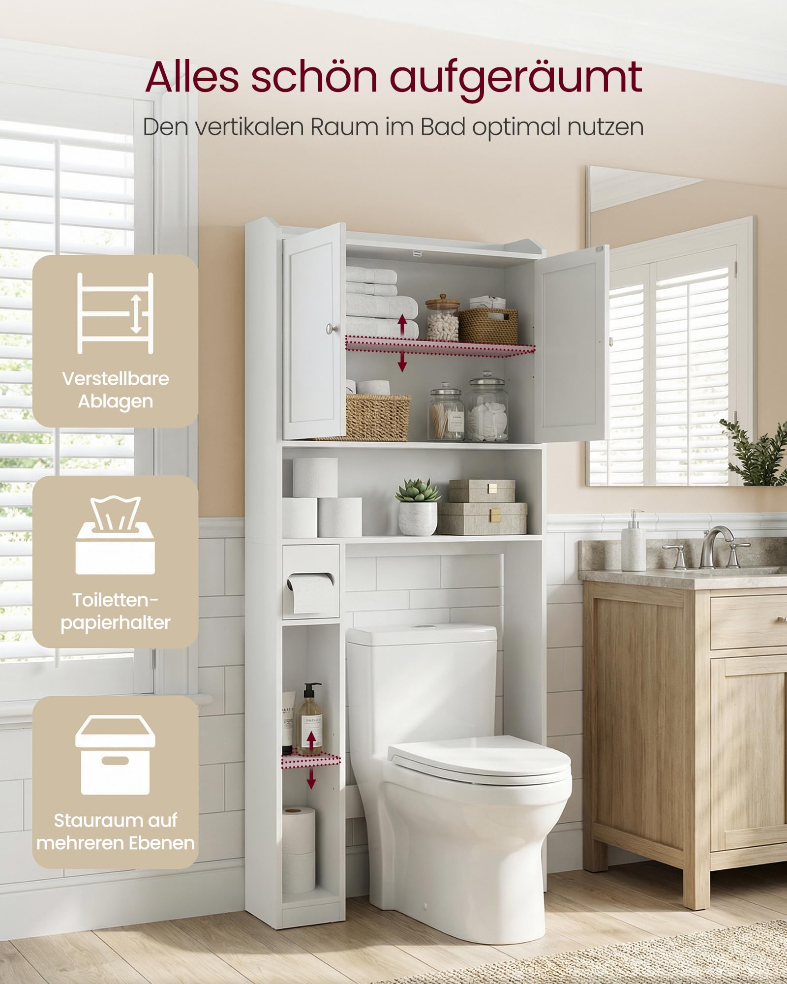 VASAGLE Toilettenregal, Badezimmerregal mit Schiebetür BTS018W01V1