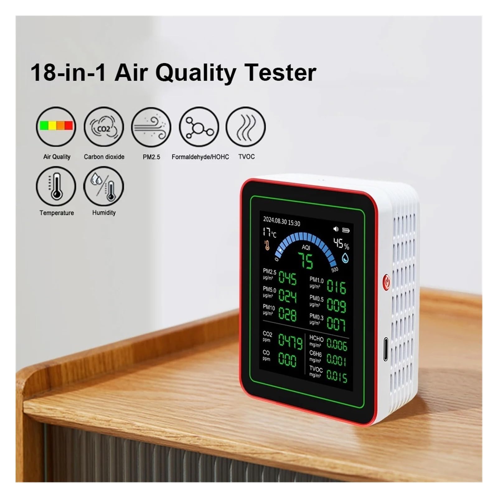 Air Quality Monitor, Rilevatore Di Qualità 'aria WiFi 18 In 1 CO/CO2/HCHO/TVOC//PM0.3/PM1.0/PM2.5/PM10 Tester Misuratore Umidità A Temperatura(18 in 1 White)