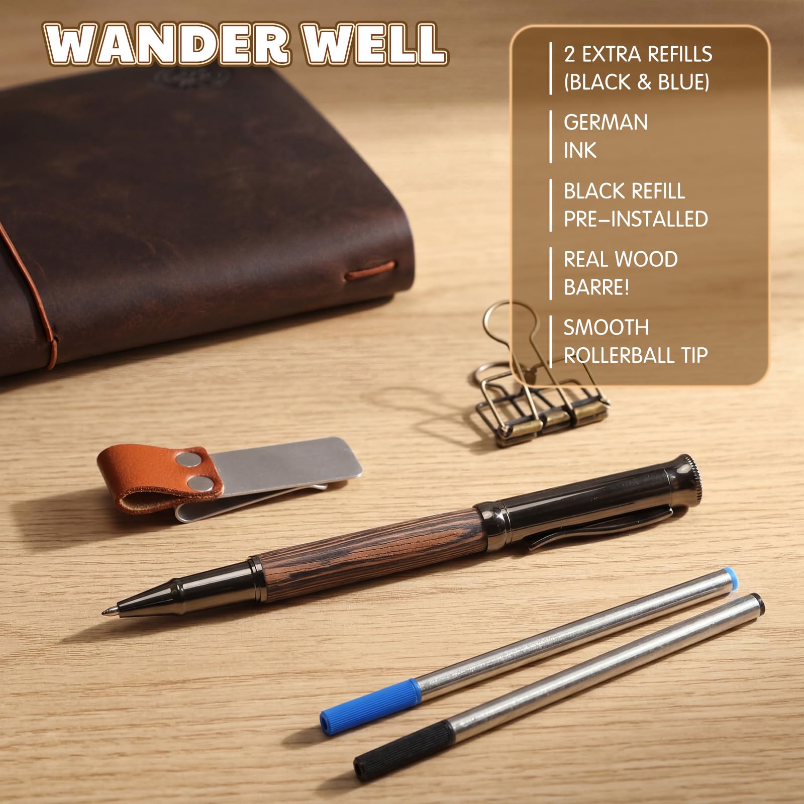 Thenshop Diario de viaje de cuero recargable, hecho a mano, para hombres y mujeres, con 3 insertos para cuaderno, soporte para bolígrafos, clip para carpeta
